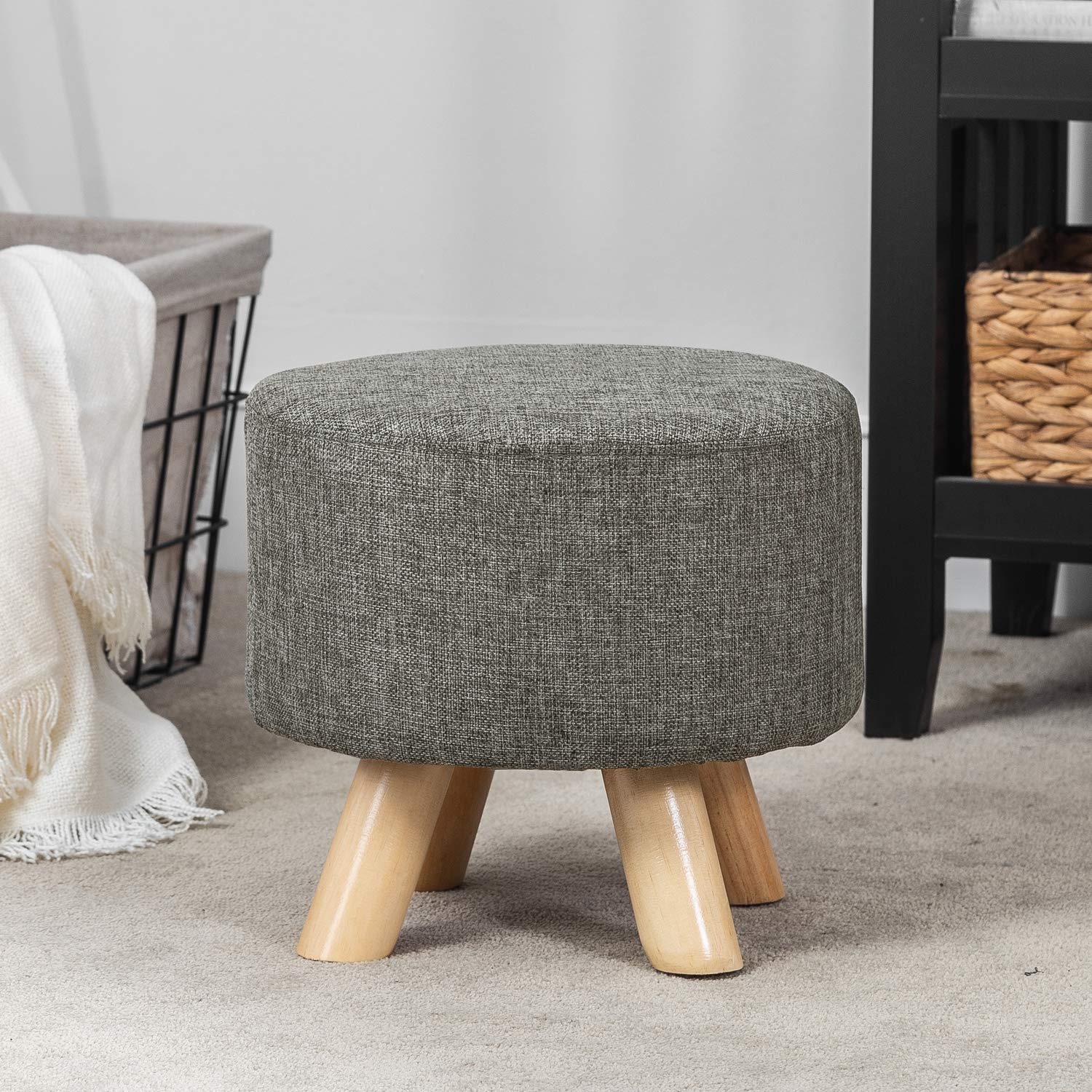 Homebeez Round Ottoman Foot Rest Stool - Soft Fabric Small Footstool with Non-Skid Wood Legs, Gray - Perfect for Living Room, Bedroom & Office Comfort