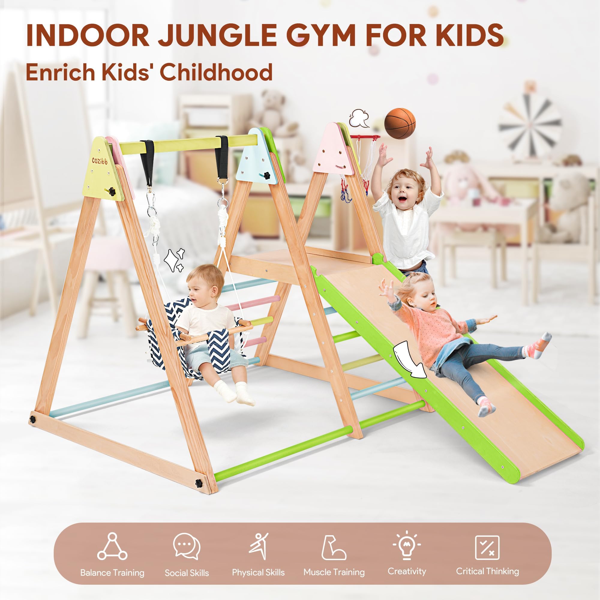 7 in 1 Foldable Indoor Jungle Gym Playset for Toddlers & Kids - Wooden Climbing Structure with Slide, Swing, Ladder & Climbing Wall - Natural Beechwood Montessori Toy for Home Playroom, Nursery or Daycare - Perfect Gift for Active Boys & Girls Ages 1-5 Years Old