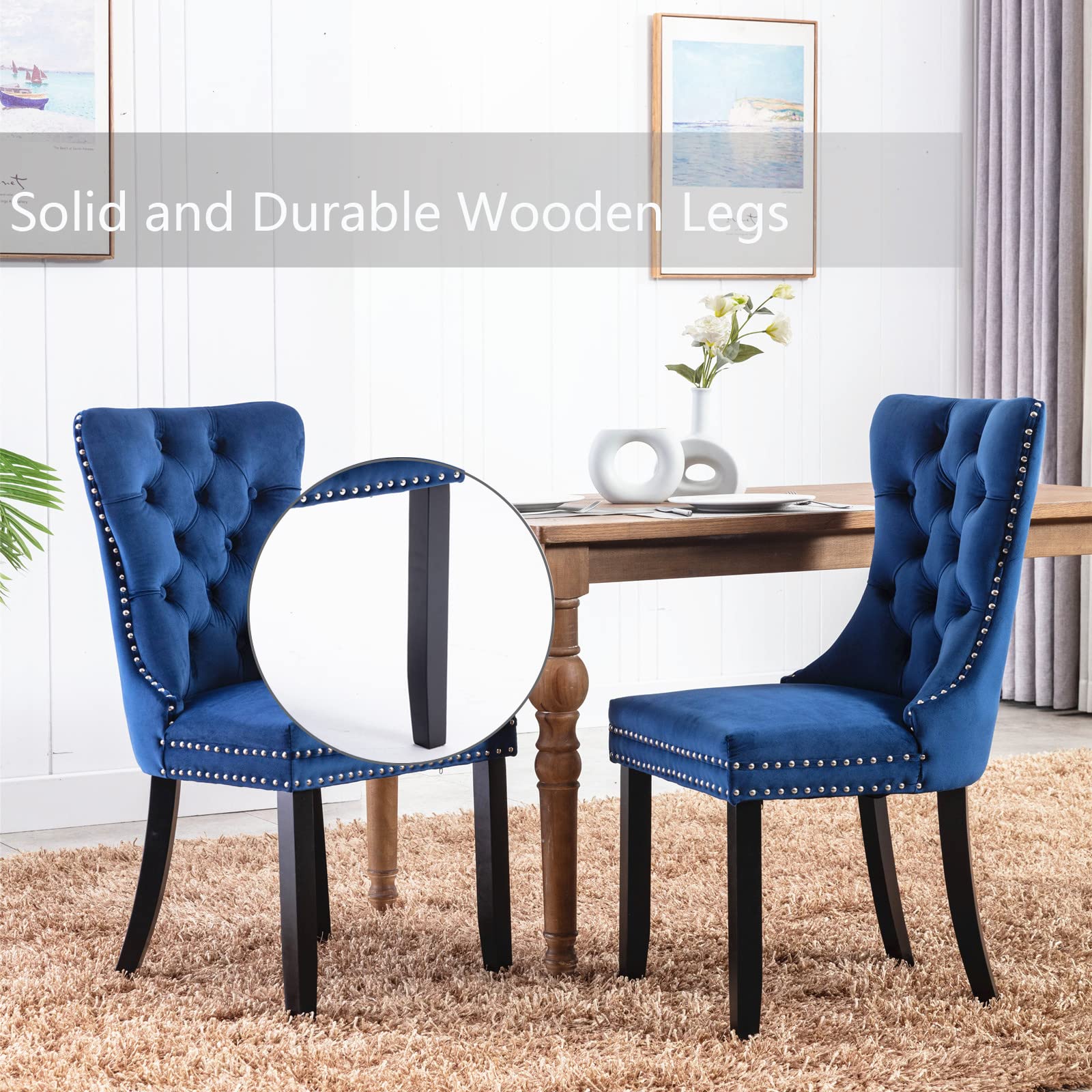 Luxury Velvet Dining Chairs Set of 4 - Upholstered Tufted Wingback Kitchen Chairs with Solid Wood Legs & Gold Ring Pull Trim - Elegant Blue Accent Chairs for Dining Room, Living Room, Kitchen | Perfect for Formal Dinners, Family Gatherings & Home Decor