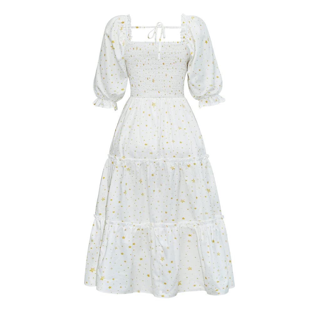 Women's Puff Sleeve Smocked Maxi Dress - Casual Square Neck Floral Tiered Flowy Summer Dress for Beach, Vacation & Outdoor Parties
