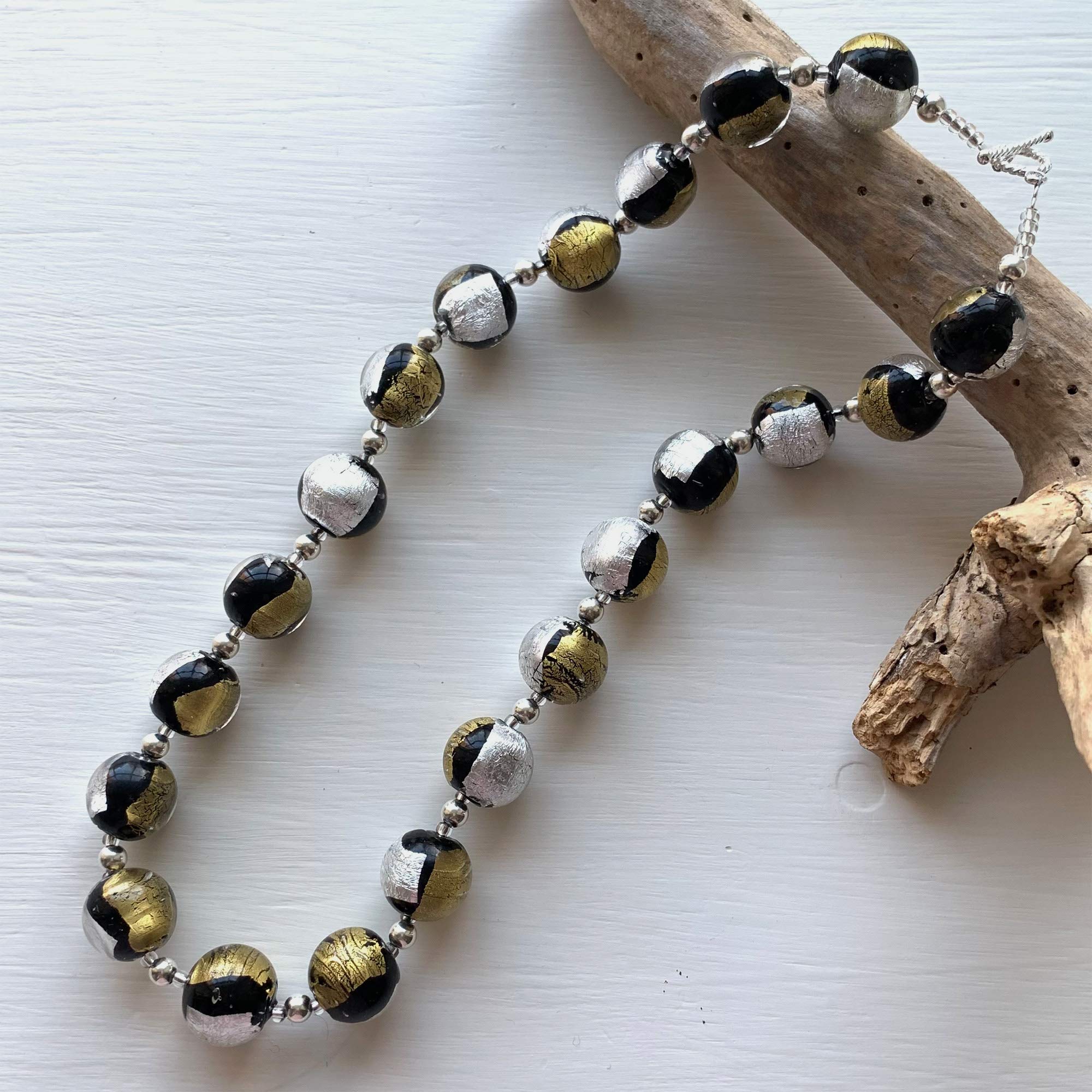 Diana Ingram Sterling Silver Necklace with Black Pastel, Silver & Gold Murano Glass Beads - Elegant Jewelry for Women, Perfect for Parties, Weddings & Special Occasions