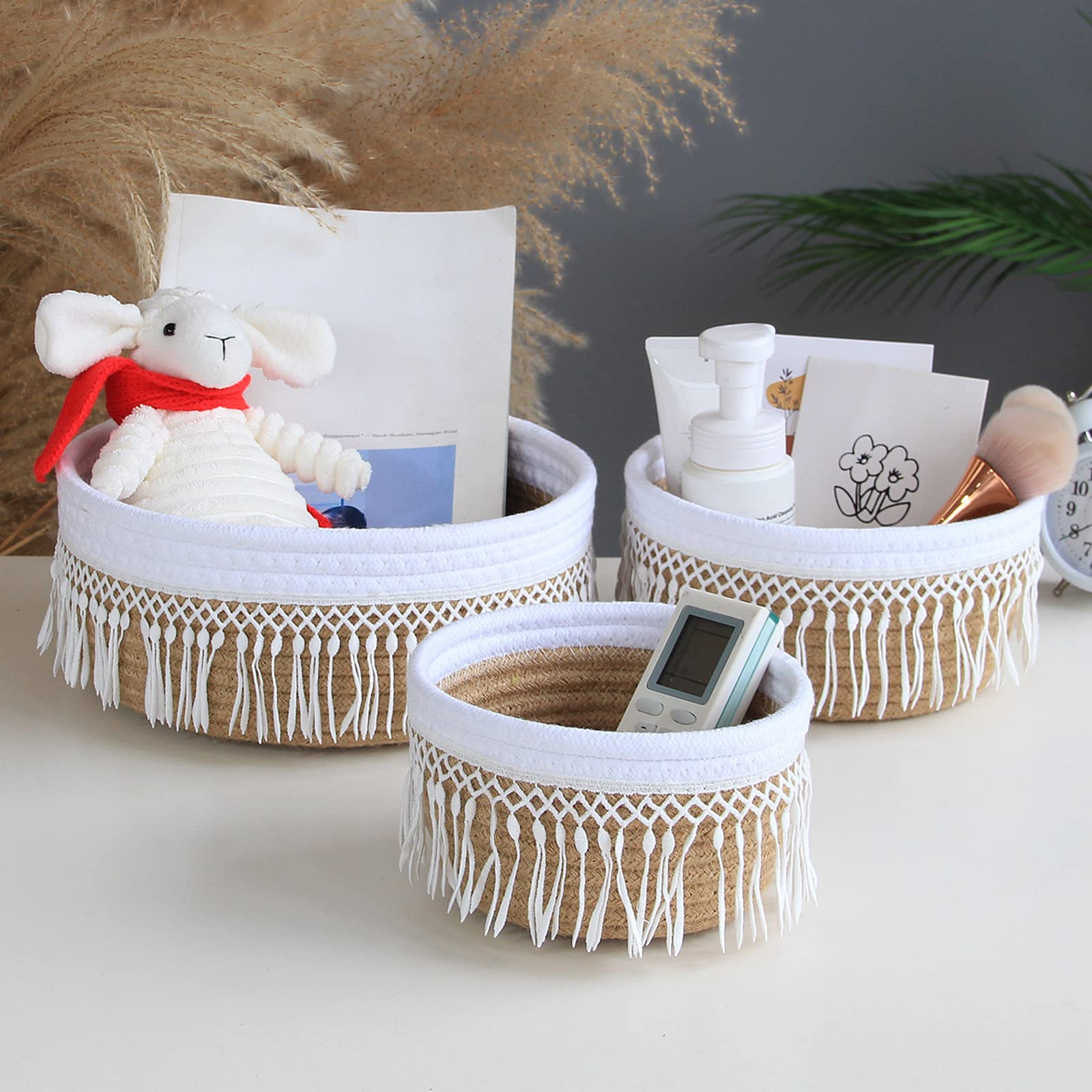 3-Pack Boho Cotton Rope Woven Tassel Storage Baskets - Small Decorative Baskets for Desk, Bedroom, Living Room & Bathroom Organization | Perfect for Home Decor, Gift Giving & Clutter Control
