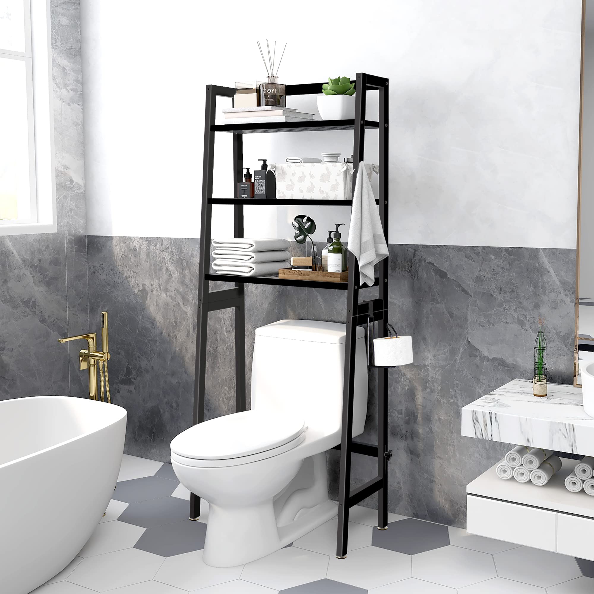 3-Tier Over-The-Toilet Storage Shelf Organizer - 100% Solid Wood Bathroom Space Saver with Easy Assembly (Black) - Perfect for Small Bathrooms, Apartments & Dorm Rooms