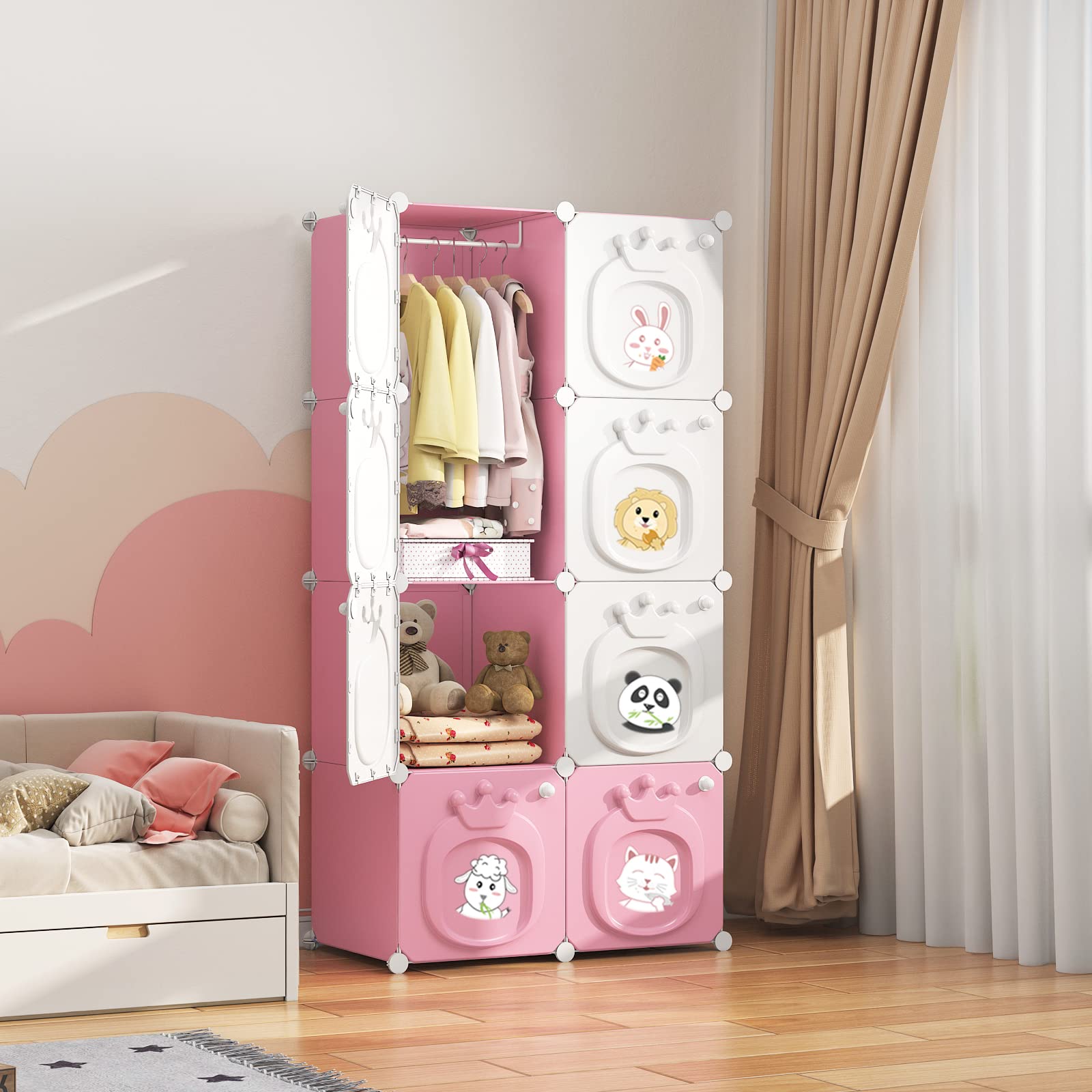 MAGINELS Kids Wardrobe Closet with Doors - Pink Baby Girl Closet Organizer Cabinet for Bedroom (28x14x56 Inch) | Hanging Space & 6 Storage Cubes | Perfect for Nursery, Toddler Room & Children's Clothing Organization