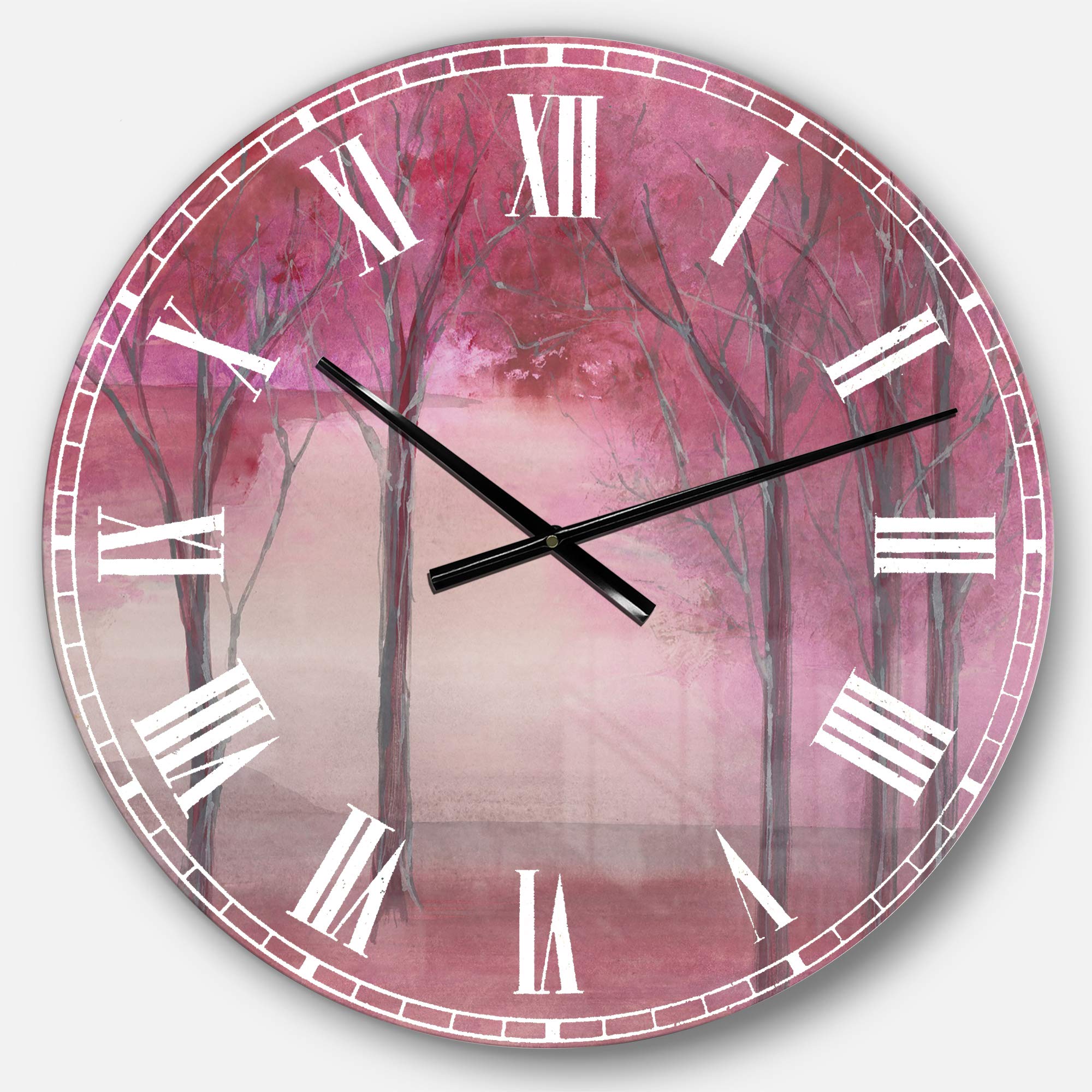 Designart Pink Forest Wall Art - Farmhouse Round Metal Wall Clock for Home, Living Room, Bedroom & Office Decor | Rustic Decorative Clock with Nature Inspired Design | Perfect for Farmhouse, Boho & Vintage Style Interiors