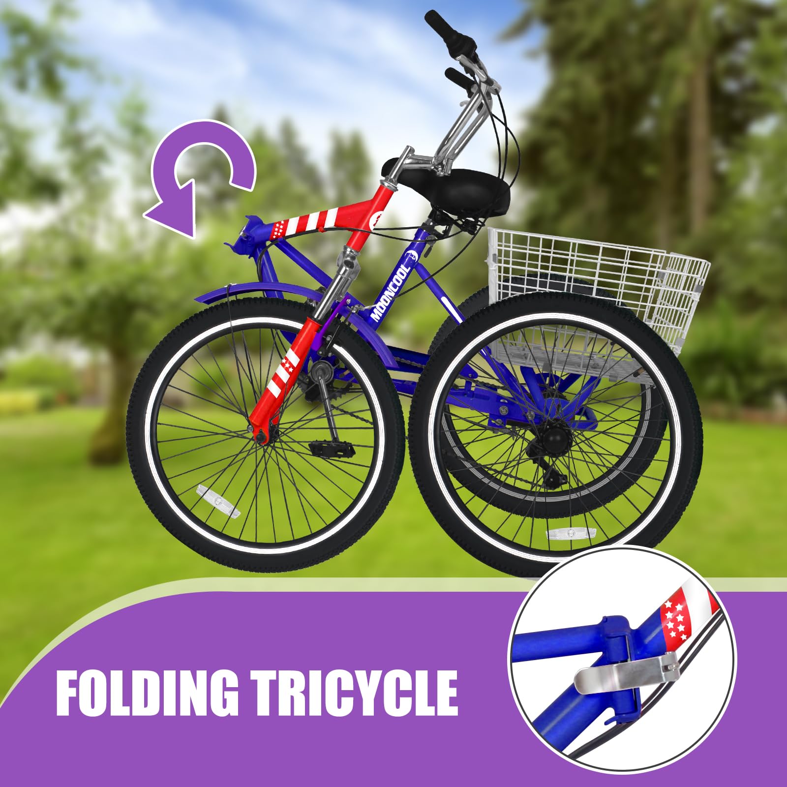 DoCred 7-Speed Folding Adult Tricycle - 20/24/26 Inch 3-Wheel Cruiser Bike with Cargo Basket - Foldable Three-Wheel Bike for Men, Women & Seniors - Perfect for Exercise, Shopping & Outdoor Recreation