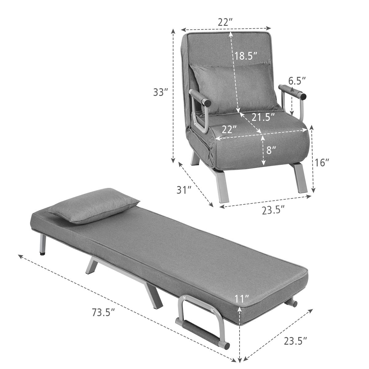 BANGTANE 3-in-1 Convertible Sofa Bed - Adjustable Backrest, Removable Cover & Pillow - Folding Sleeper Chair for Living Room, Bedroom, Office - Perfect for Small Spaces, Guest Sleeping & Relaxing (Grey)