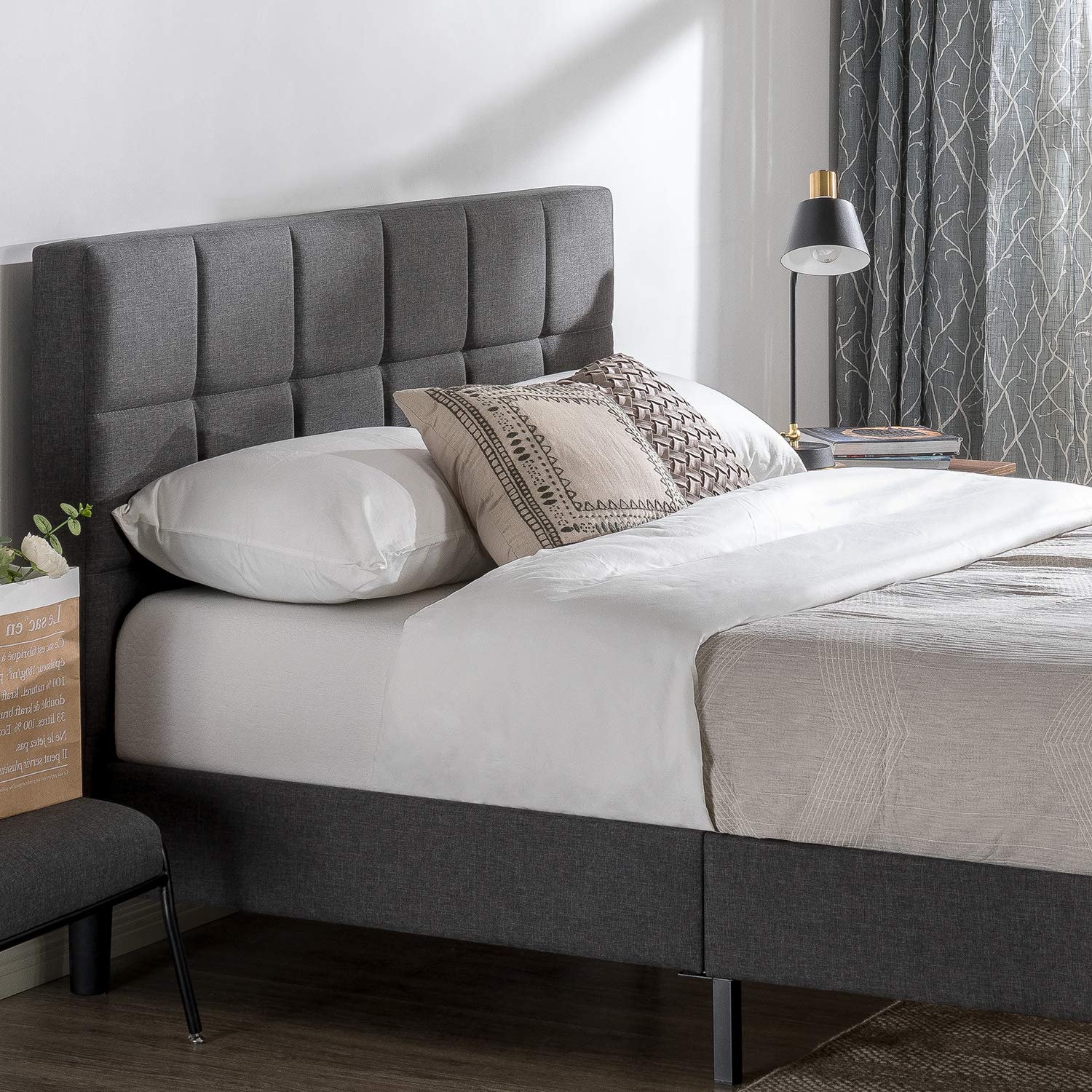 ZINUS Lottie Upholstered Platform Bed Frame with Wood Slat Support - Full Size Grey Mattress Foundation, No Box Spring Needed, Easy Assembly - Perfect for Modern Bedrooms, Guest Rooms & Small Spaces