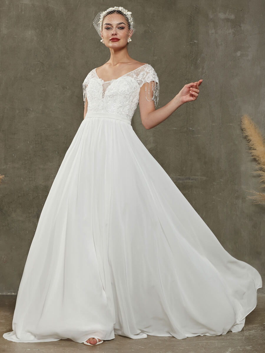 Elegant Chiffon Short Cap Sleeve Wedding Dress with Lace Tassels - Flowy Bridal Gown for Beach, Garden & Outdoor Ceremonies