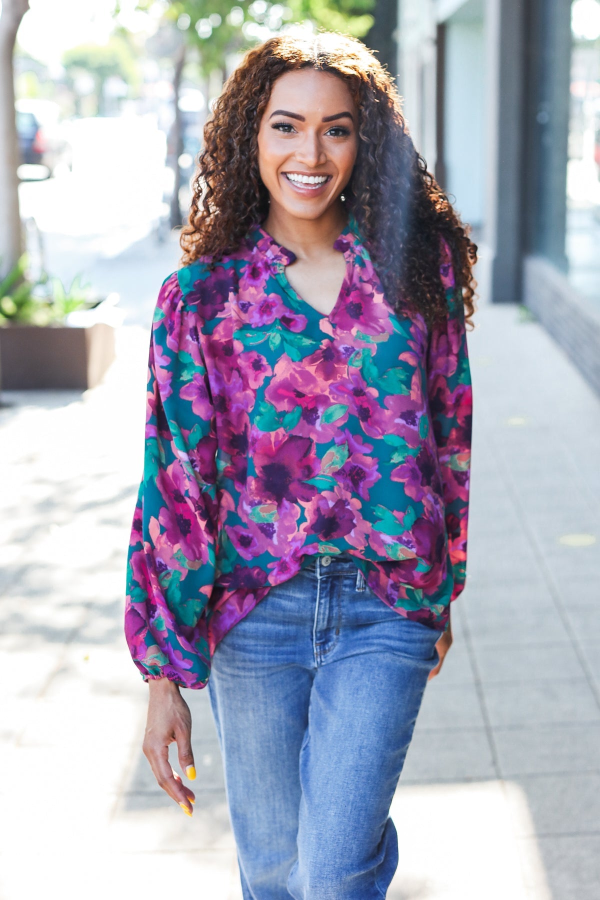 Stylish Hunter Green Watercolor Floral Print Notch Neck Blouse - Elegant Women's Tops for Casual Wear, Office Outfits & Spring Fashion