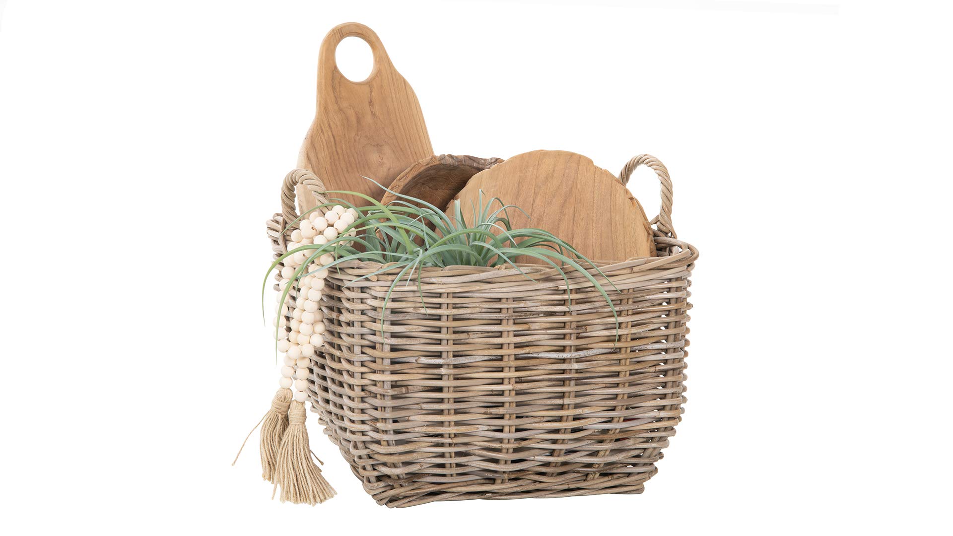 Kouboo Rectangular Wicker Basket - Handwoven Rattan Storage Basket with Handles | Large Decorative Home Organizer in Gray-Brown | Perfect for Living Room, Bedroom & Bathroom Organization