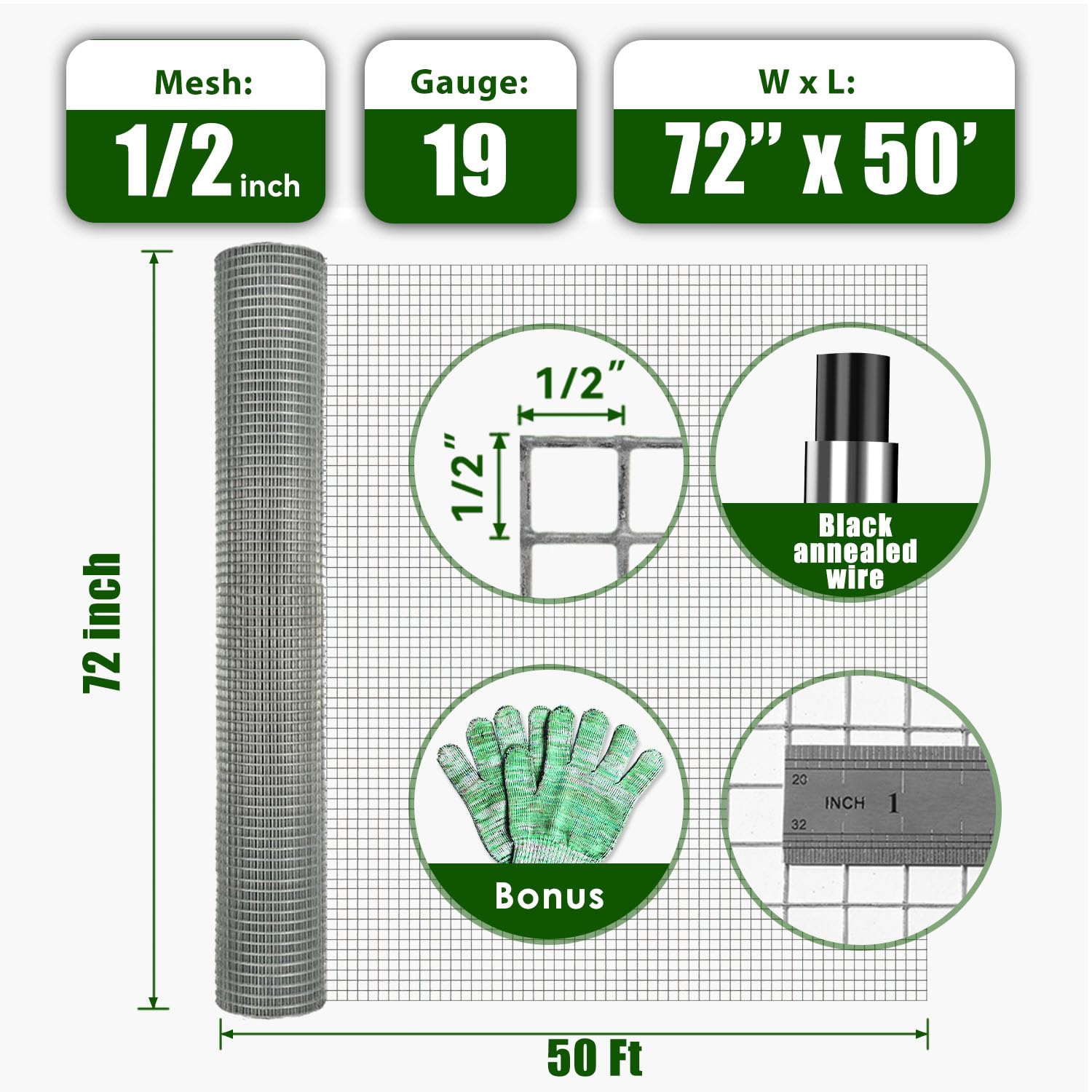 1/2 Inch Mesh 19-Gauge Hot Dip Galvanized Welded Wire Mesh Roll - 72