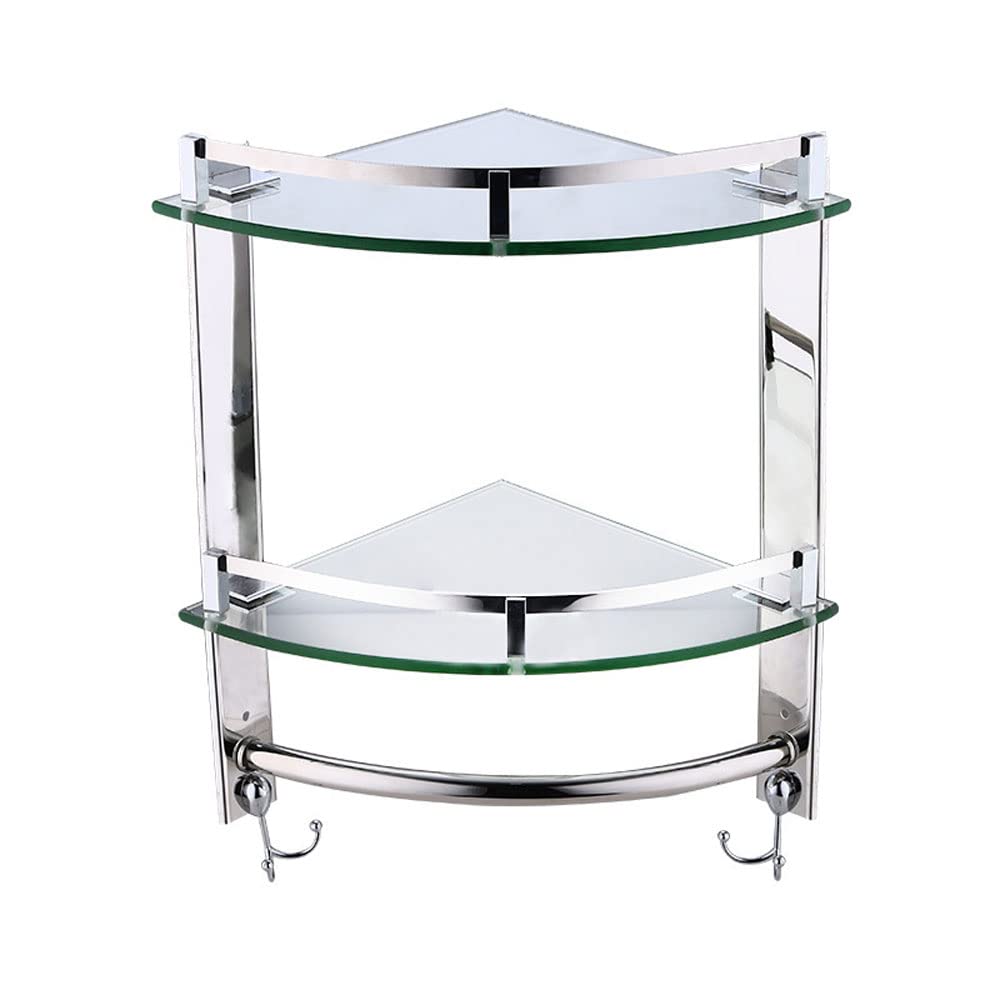Premium Tempered Glass Corner Shower Shelf - Wall Mounted Bathroom Storage Organizer with Stainless Steel Towel Hook - Perfect for Shower Caddy, Soap Holder & Bath Accessories Organization