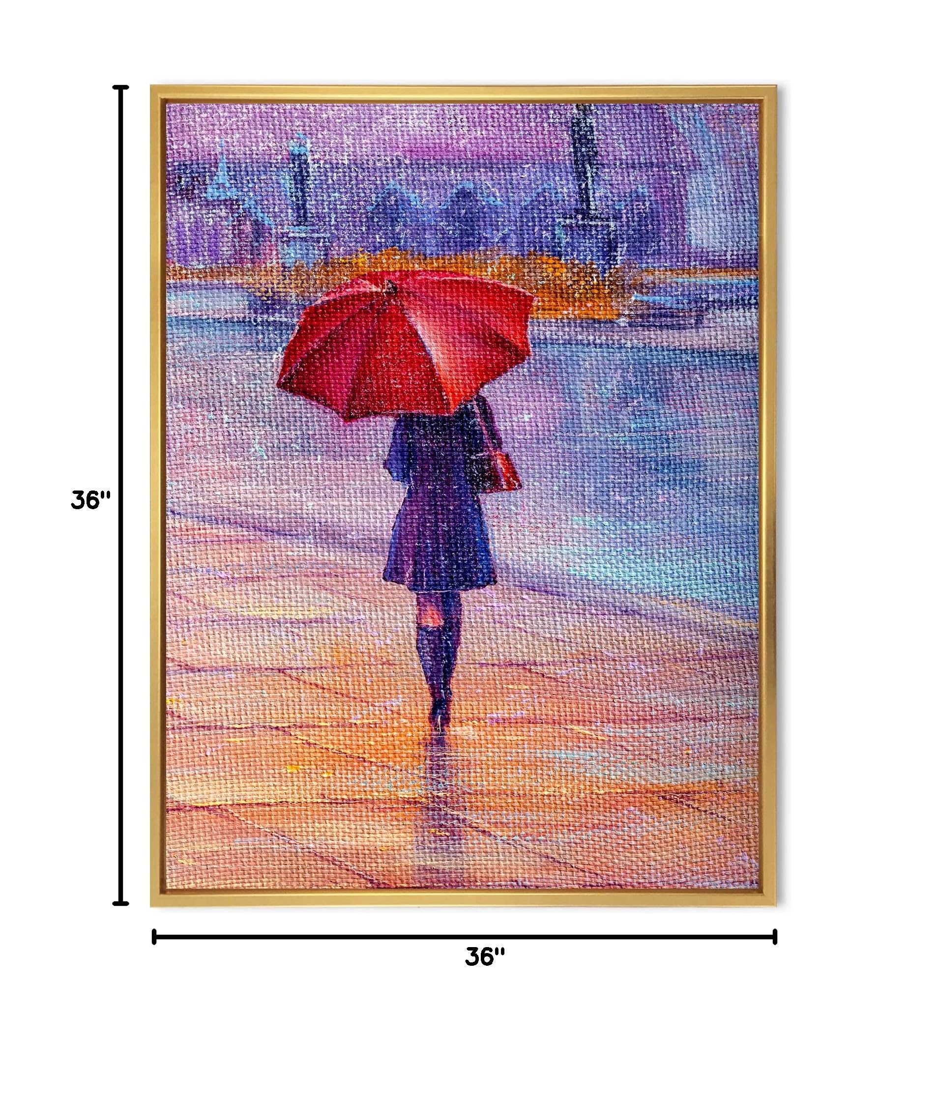 DesignQ French Country Framed Canvas Wall Art - Woman Walking with Red Umbrella in Rain - Perfect for Living Room, Bedroom & Office Decor