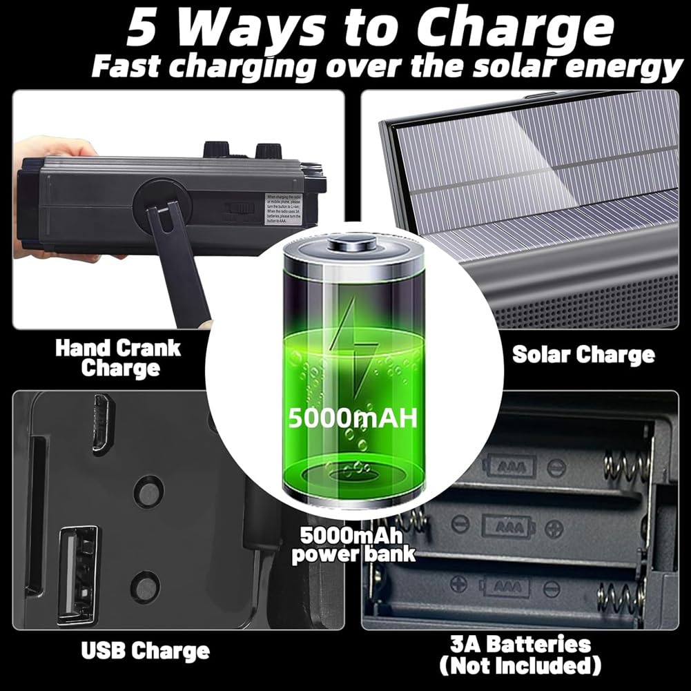 **Prakti Emergency Weather Radio - Solar & Hand Crank Powered AM/FM/NOAA Portable Radio with 5 Charging Modes & Phone Charger - Perfect for Camping, Hiking, and Power Outages**