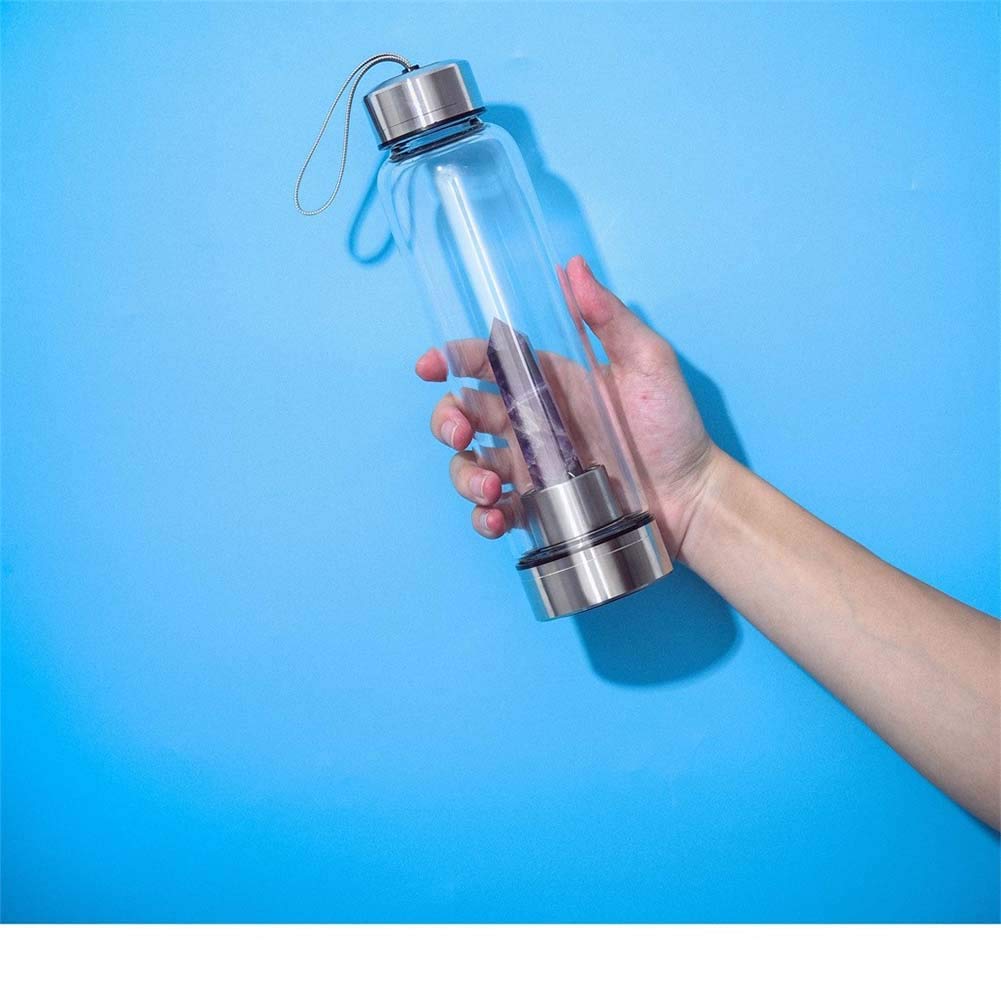 Natural Quartz Crystal Water Bottle with Healing Obelisk Wand - Infused Water Bottle for Energy & Wellness, Includes Travel Cup Bag - Perfect for Yoga, Meditation & Spiritual Practices