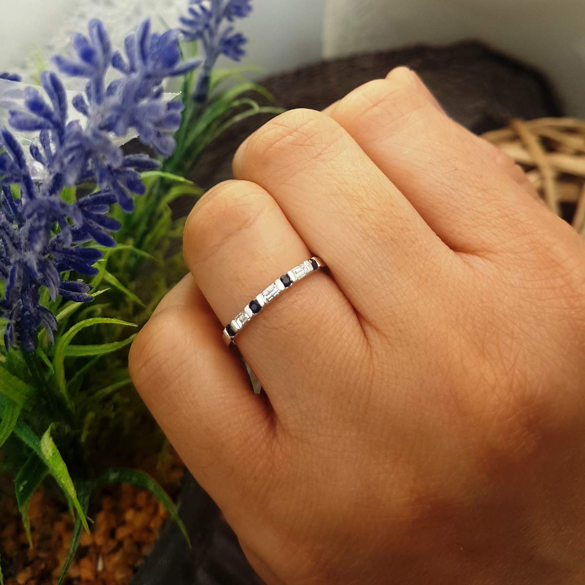 Dazzlingrock Collection 10K Solid White Gold Blue Sapphire & White Diamond Stackable Ring for Women | Anniversary, Wedding, Engagement Band | Perfect for Stacking, Gift Giving & Special Occasions