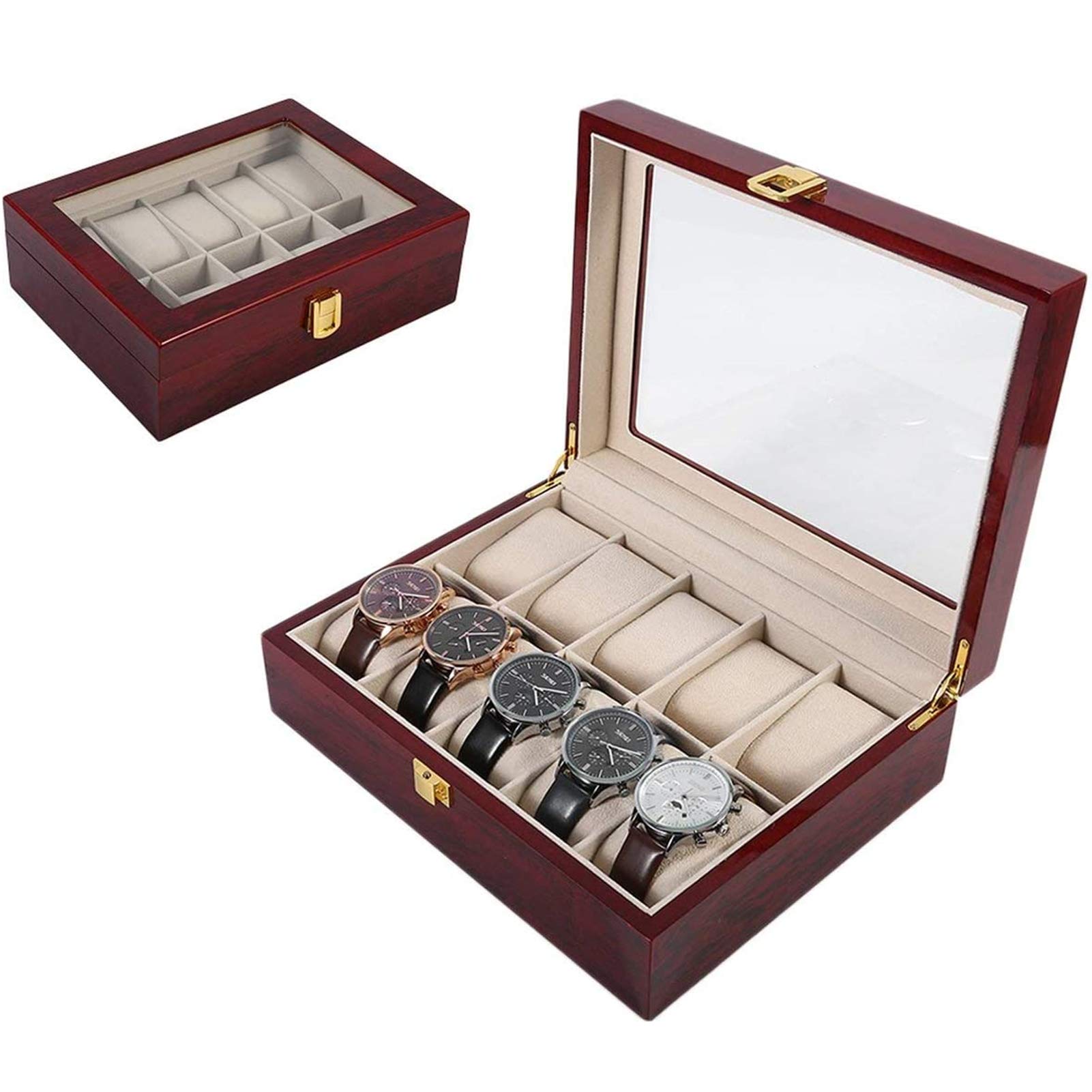Fengflaw 10-Slot Wooden Watch Box with Glass Top - Elegant Jewelry & Watch Storage Organizer Case with Pillows - Durable Home Display for Men & Women - Perfect for Watch Collectors & Gift Giving