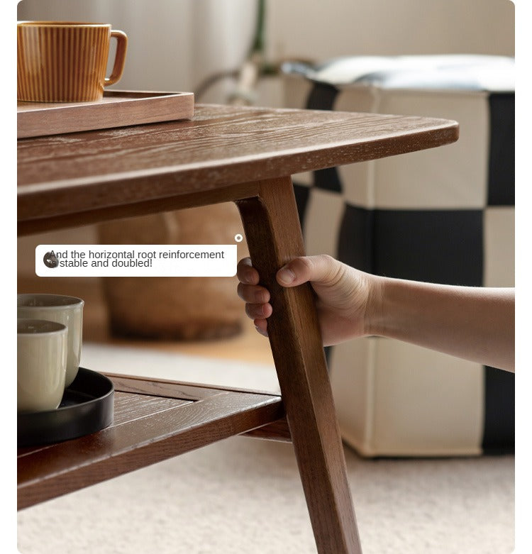 Solid Oak Wood Walnut Finish Double Layer Coffee Table - Modern Living Room Furniture for Home Decor & Small Space