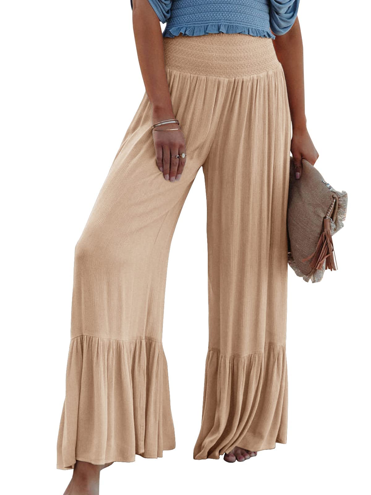Villagepageme Women's Wide Leg Palazzo Pants - High Waisted Comfy Summer Pants with Ruffle Detail - Perfect for Casual Wear, Beach Vacation & Boho Style Outfits