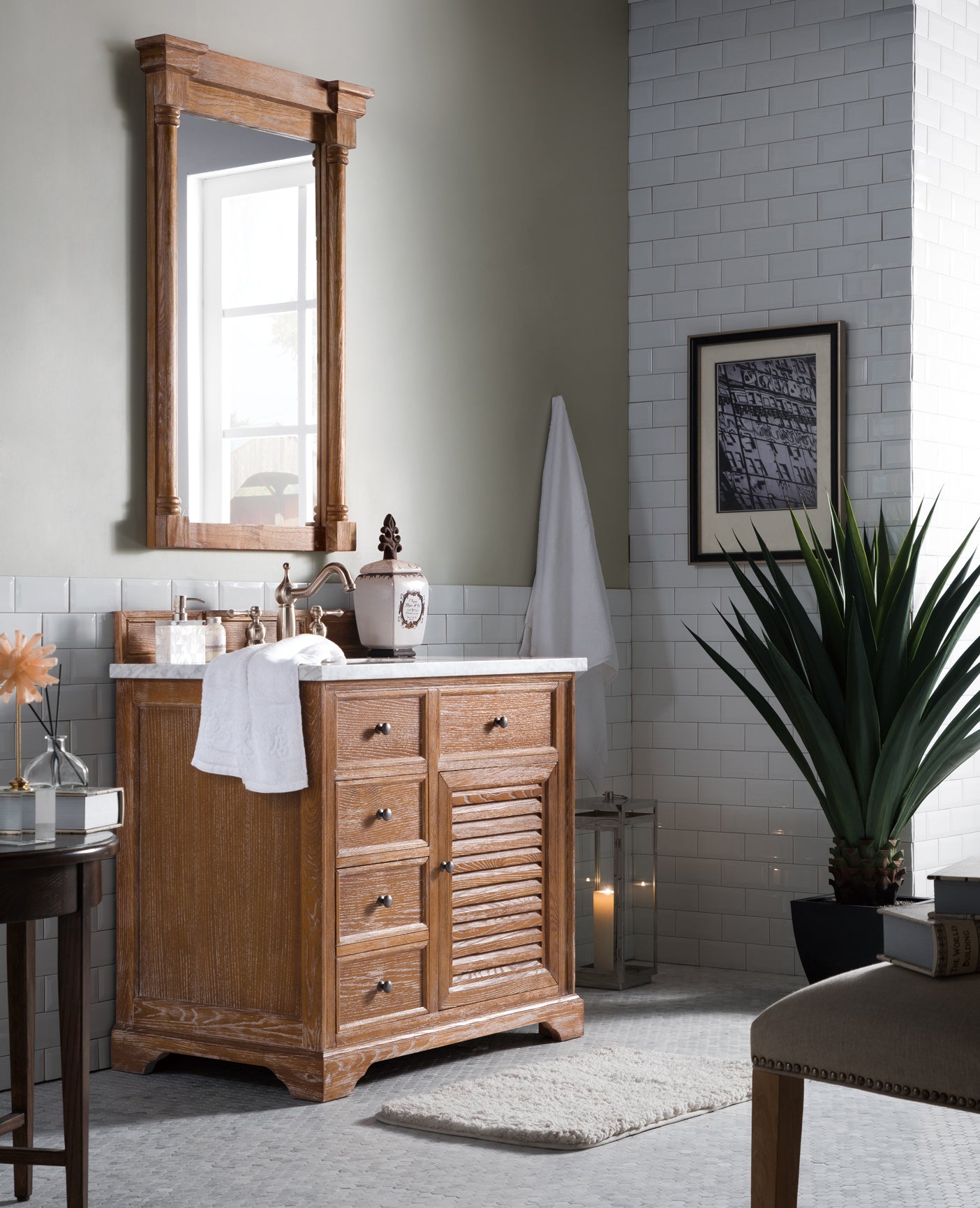 Savannah 36 Inch Driftwood Single Bathroom Vanity with 3CM Carrara Marble Top - Modern Farmhouse Style for Master Bath & Powder Room Remodel
