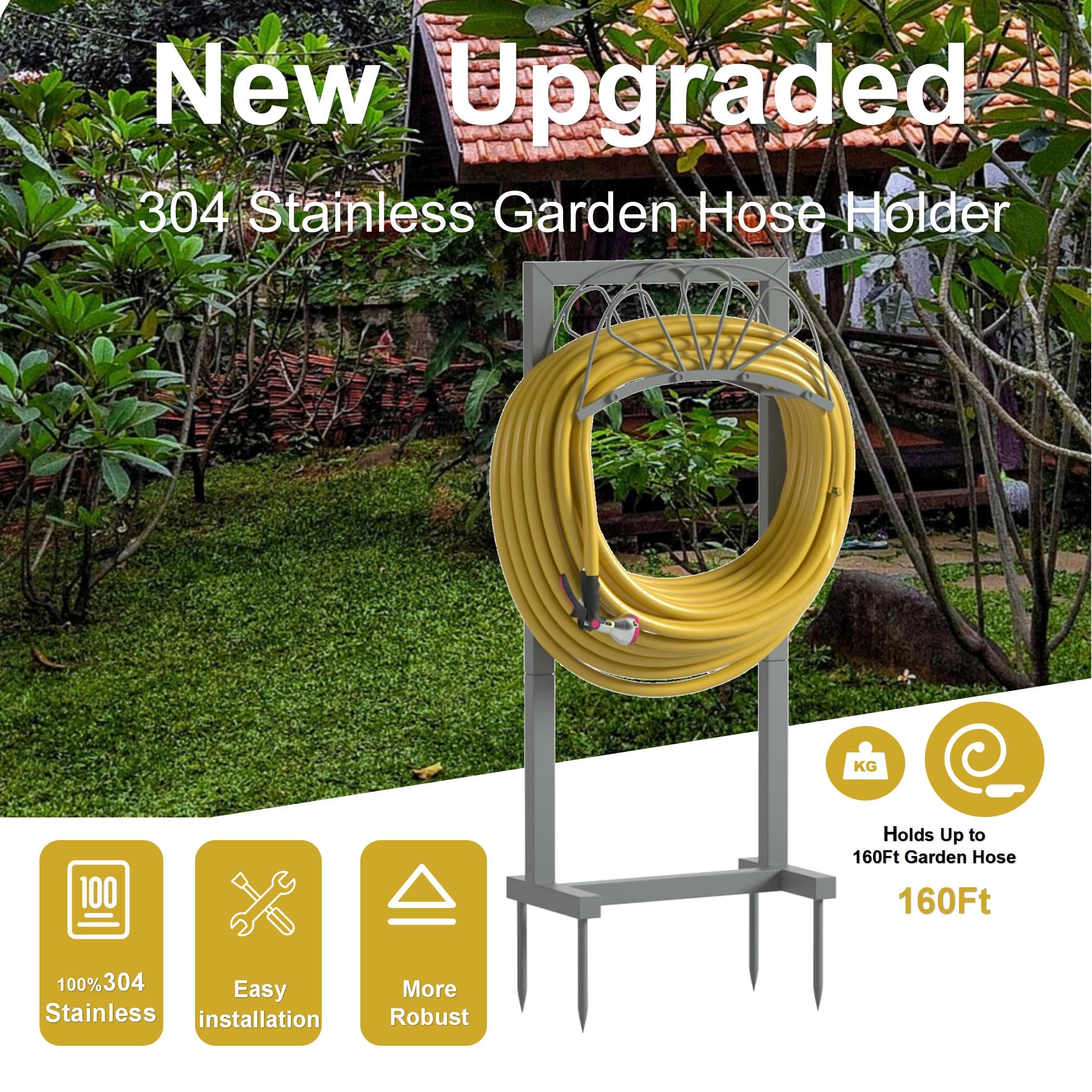 Heavy Duty Stainless Steel Garden Hose Holder - Freestanding Outdoor Hose Storage Rack Holds 160ft Hose - Upgraded Gray Baked Finish - Detachable Design for Yard, Lawn & Garden Organization - Perfect for Watering Plants, Washing Cars & Outdoor Cleaning