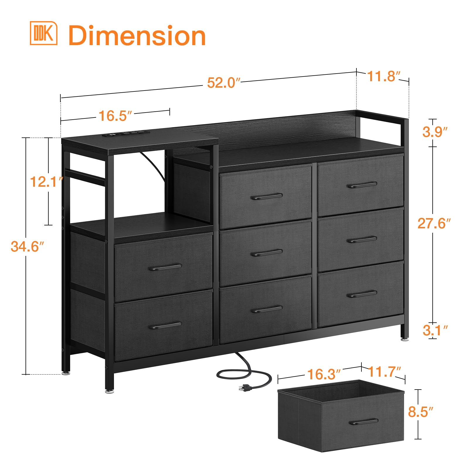 52-Inch Long ODK Dresser with Charging Station & 8 Storage Drawers - Sturdy Steel Frame & Wooden Top Fabric Dresser for Bedroom Organization - Perfect for Small Spaces, Dorm Rooms & Apartment Storage Solutions