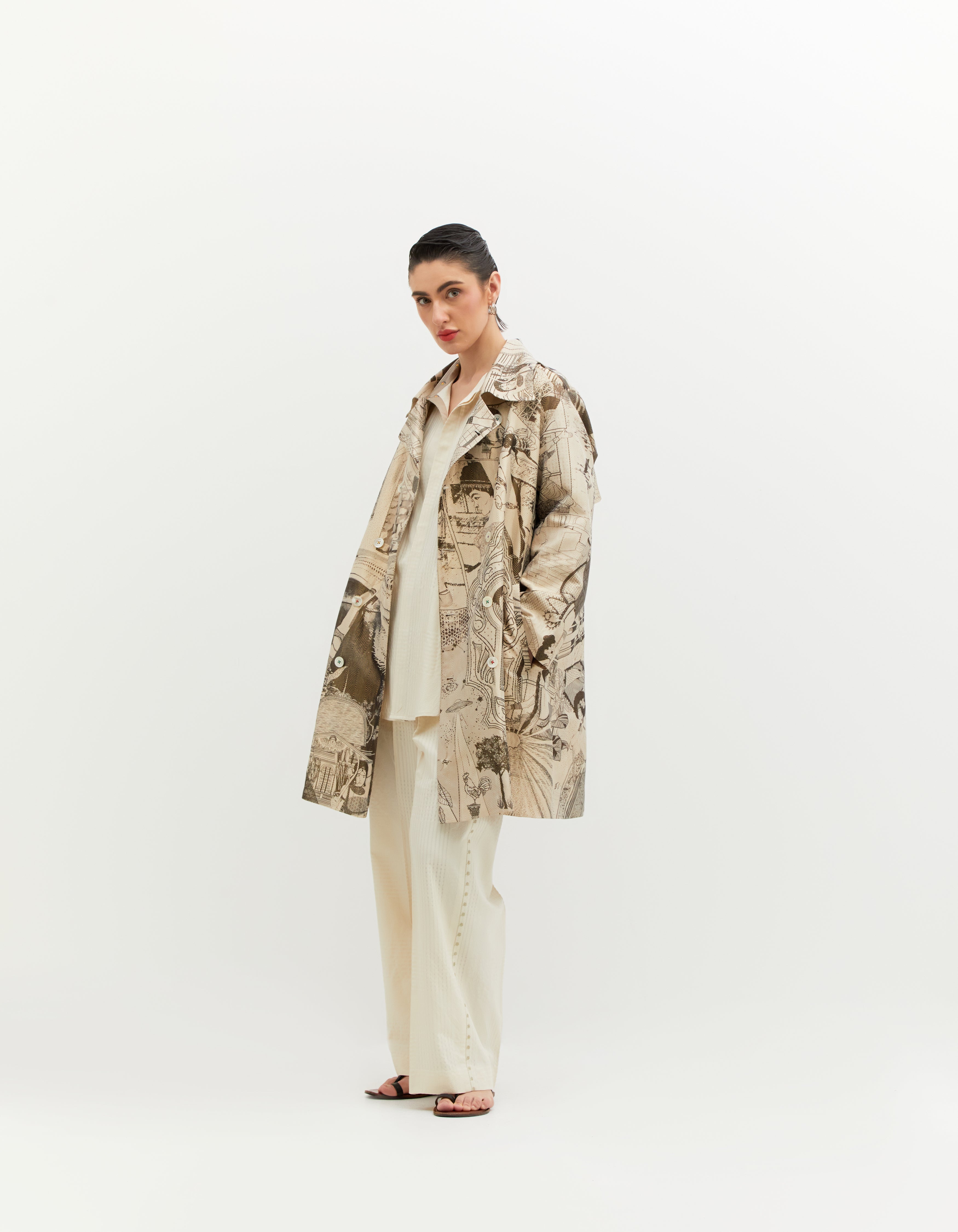SD Leap Trench Coat - Elegant Silk Brocade in Black & White - Perfect for Business Meetings & Formal Events