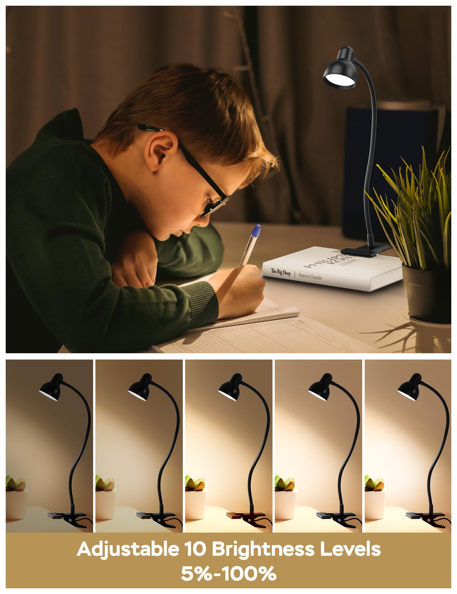 Clip On Reading Light for Bed - 3 Color Modes & 10 Dimmable Brightness Levels, Eye-Caring Flexible Gooseneck Desk Lamp with Clamp - Perfect for Night Reading, Studying, Computer Work, and Bed Headboard Use