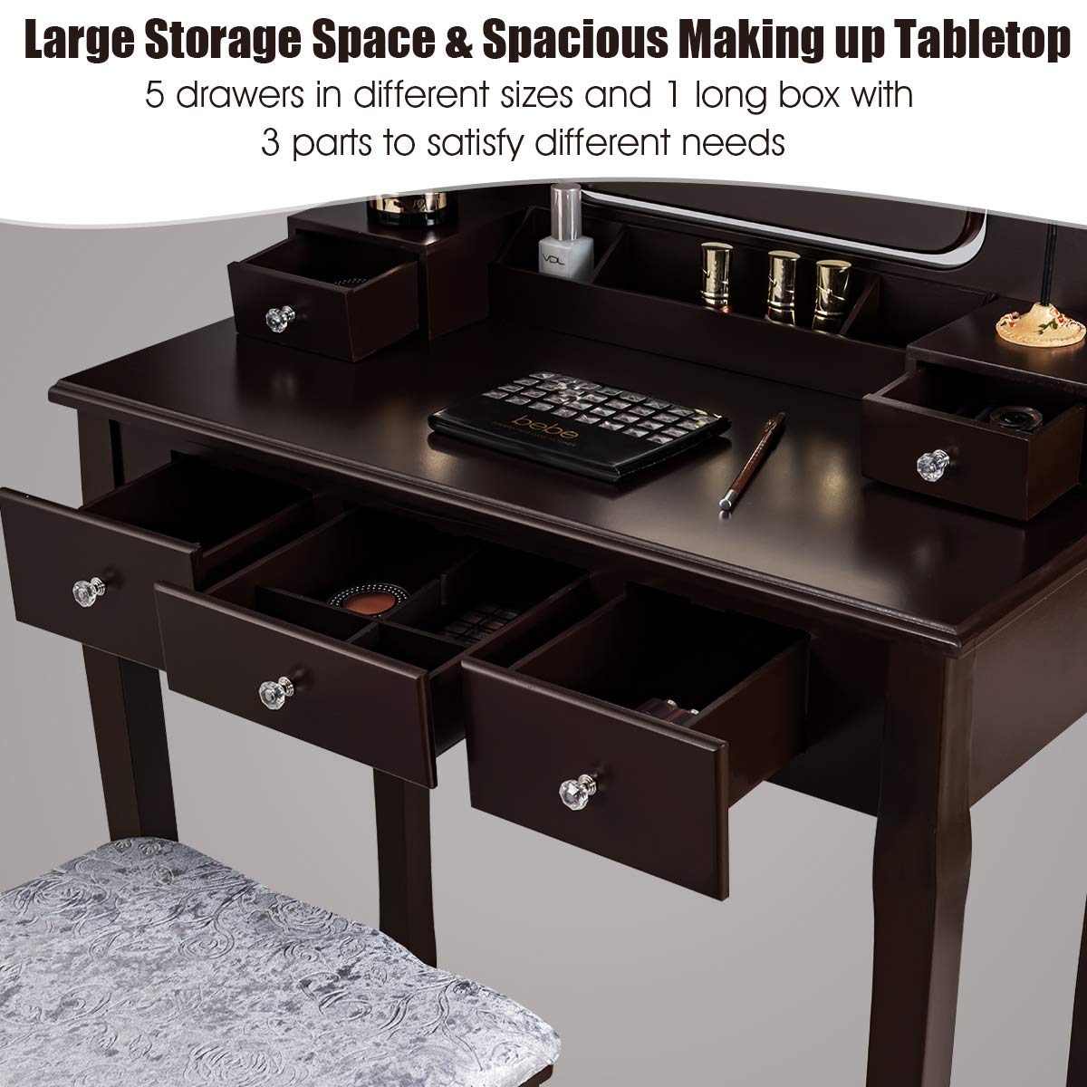 CHARMAID LED Vanity Makeup Desk Set with Lighted Mirror & Stool - 10 Dimmable Bulbs, 5 Drawers, 2 Dividers, 3 Organizers - Espresso Bedroom Dressing Table for Women & Teens | Perfect for Makeup, Skincare & Jewelry Organization
