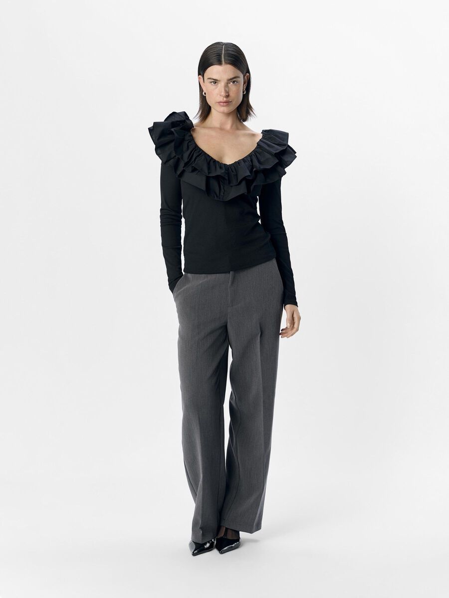 Jennifer Women's Ruffle Blouse - Elegant Black Ruffled Top for Casual Wear, Office & Date Night