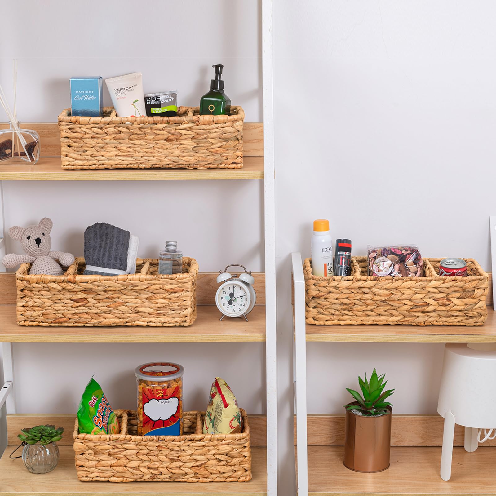 Water Hyacinth Storage Baskets - 2 Pack Woven Toilet Paper Holder & Bathroom Organizer with 3 Sections - Natural Wicker Tank Topper Basket for Bathroom, Bedroom, or Kitchen Storage