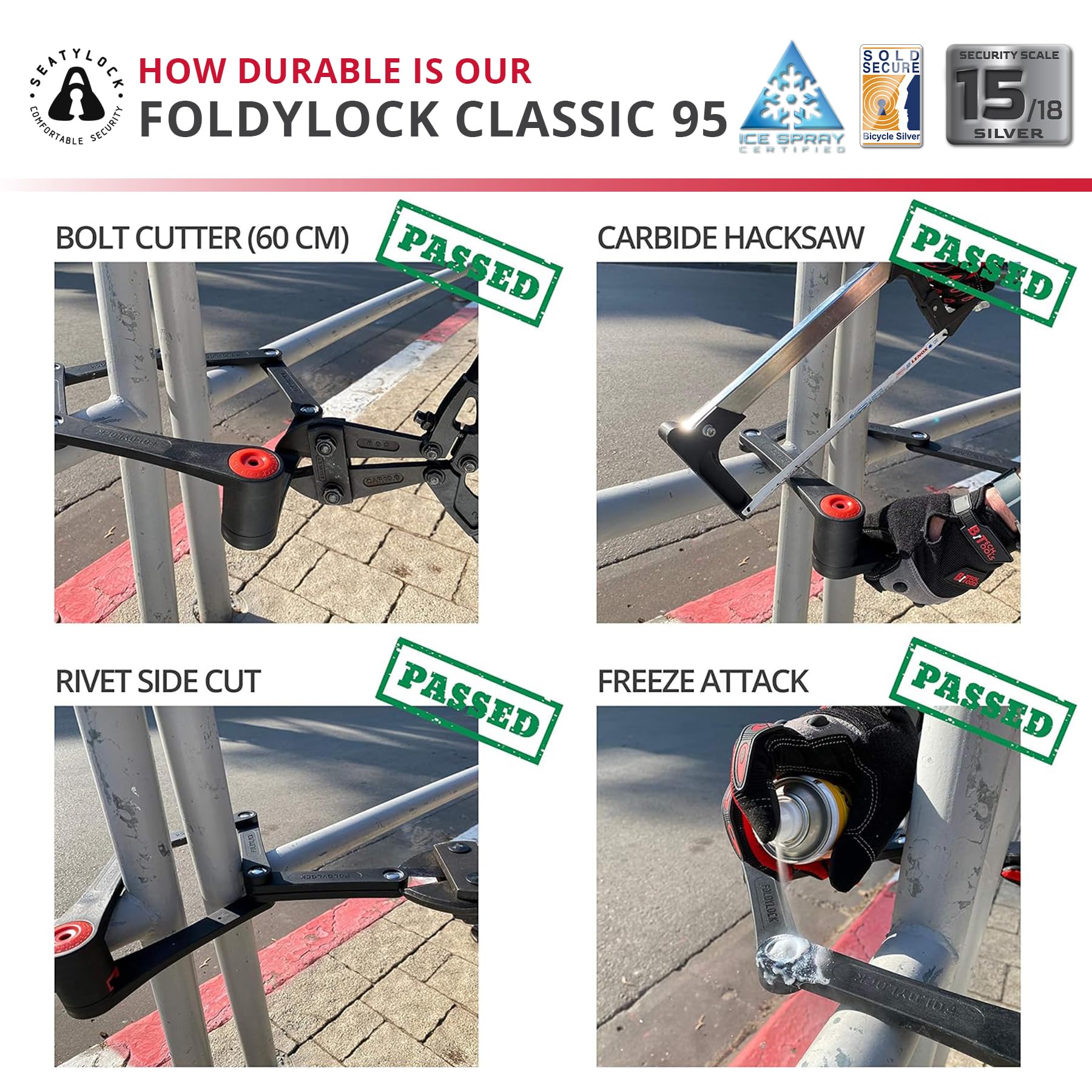 Seatylock FoldyLock Classic Folding Bike Lock - High Security Sold Secure Silver Bicycle U Lock - Heavy Duty Anti-Theft with Keys & Mount Case - 37.4