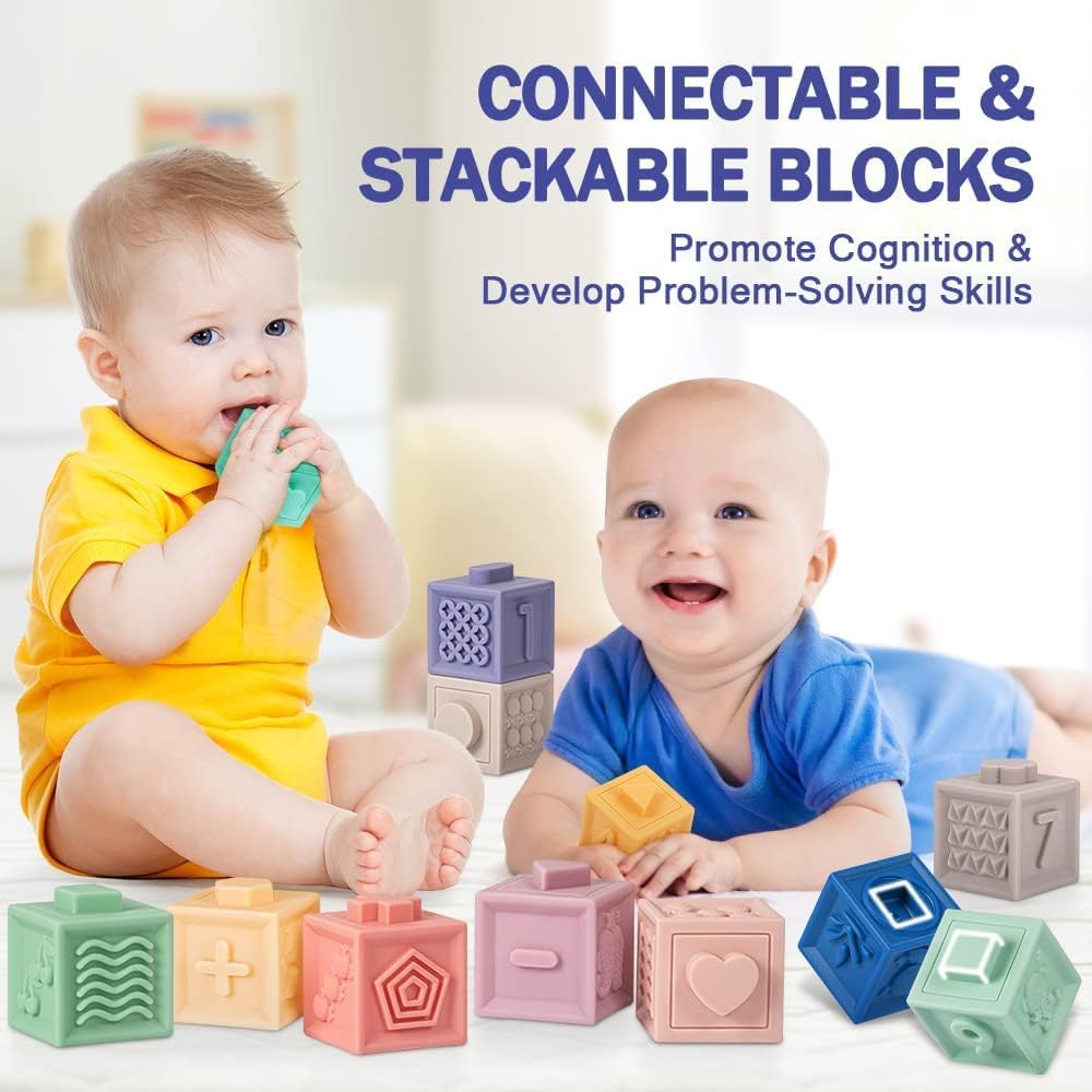 5-in-1 Montessori Baby Toys for 0-12 Months | BPA-Free Sensory Teething Blocks with Numbers & Animals | 10 Textured Silicone Toddler Toys | Easy Clean & Travel Bag Included | Perfect for Early Learning, Teething Relief & On-the-Go Playtime