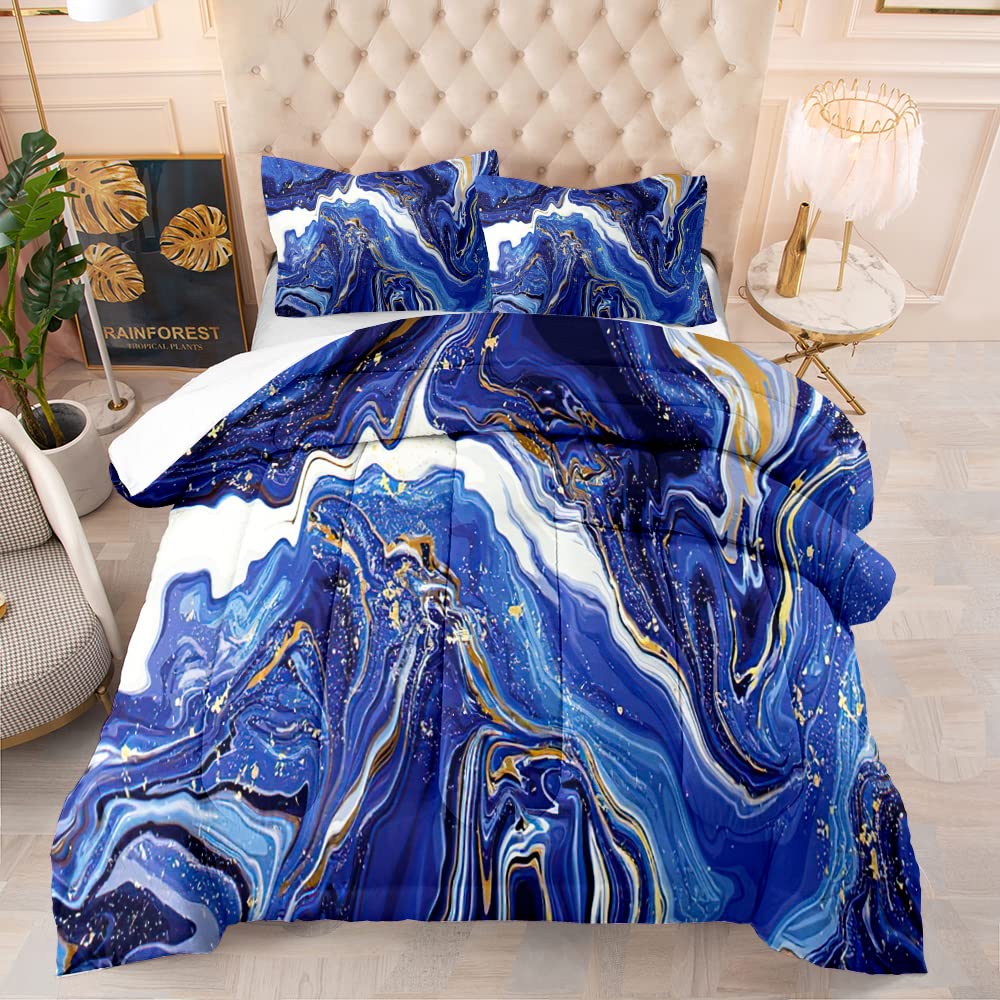 TiuZelf Marble Pattern Comforter Set - Twin Size Blue & Gold Swirl Down Alternative Comforter, 3 Piece Bedding Set with 1 Comforter & 2 Pillowcases, Lightweight Warm Soft All Season Bedding for Teens, Dorms, Guest Rooms & Cozy Home Decor