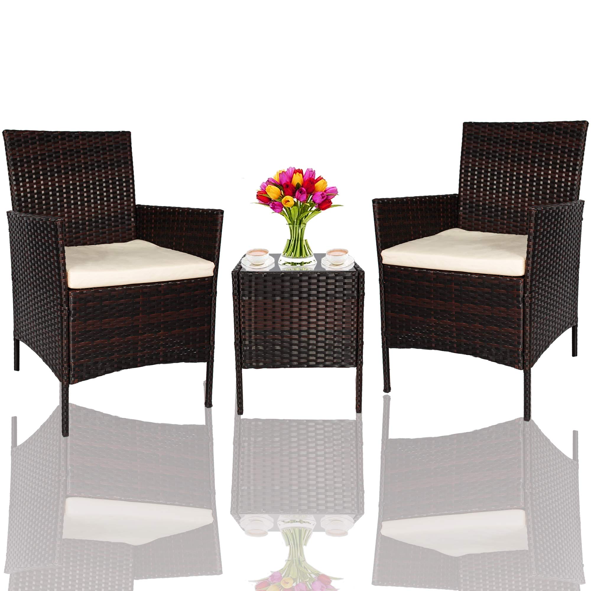 3-Piece Outdoor Patio Furniture Set - PE Wicker Rattan Chairs & Table with Cushions (Brown & Beige) - Perfect for Garden, Backyard, Poolside & Balcony Relaxation