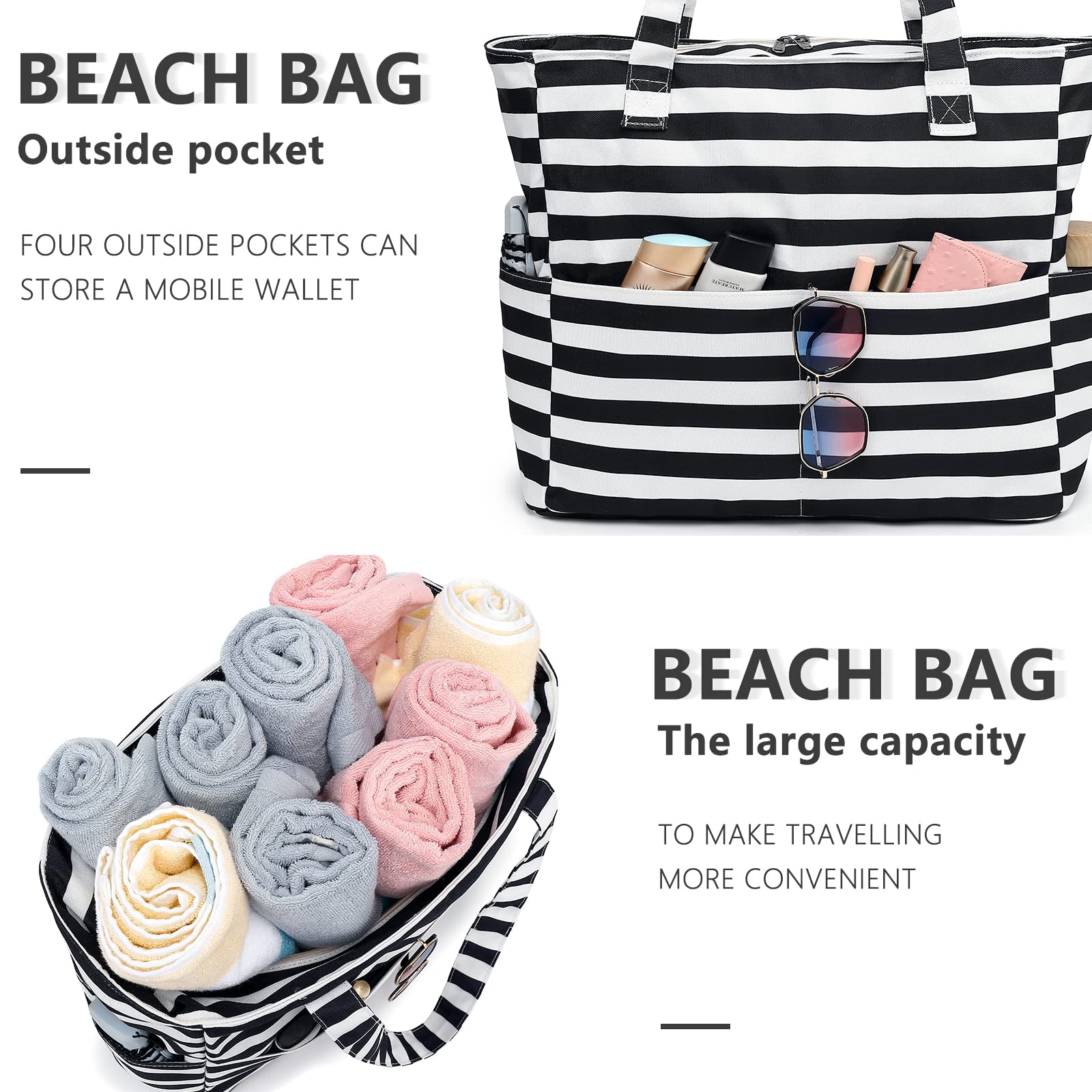 Waterproof Large Beach Tote Bag for Women - Sandproof Zippered Pool & Gym Bag with Wet Pocket - Perfect for Travel, Grocery Shopping & Beach Outings