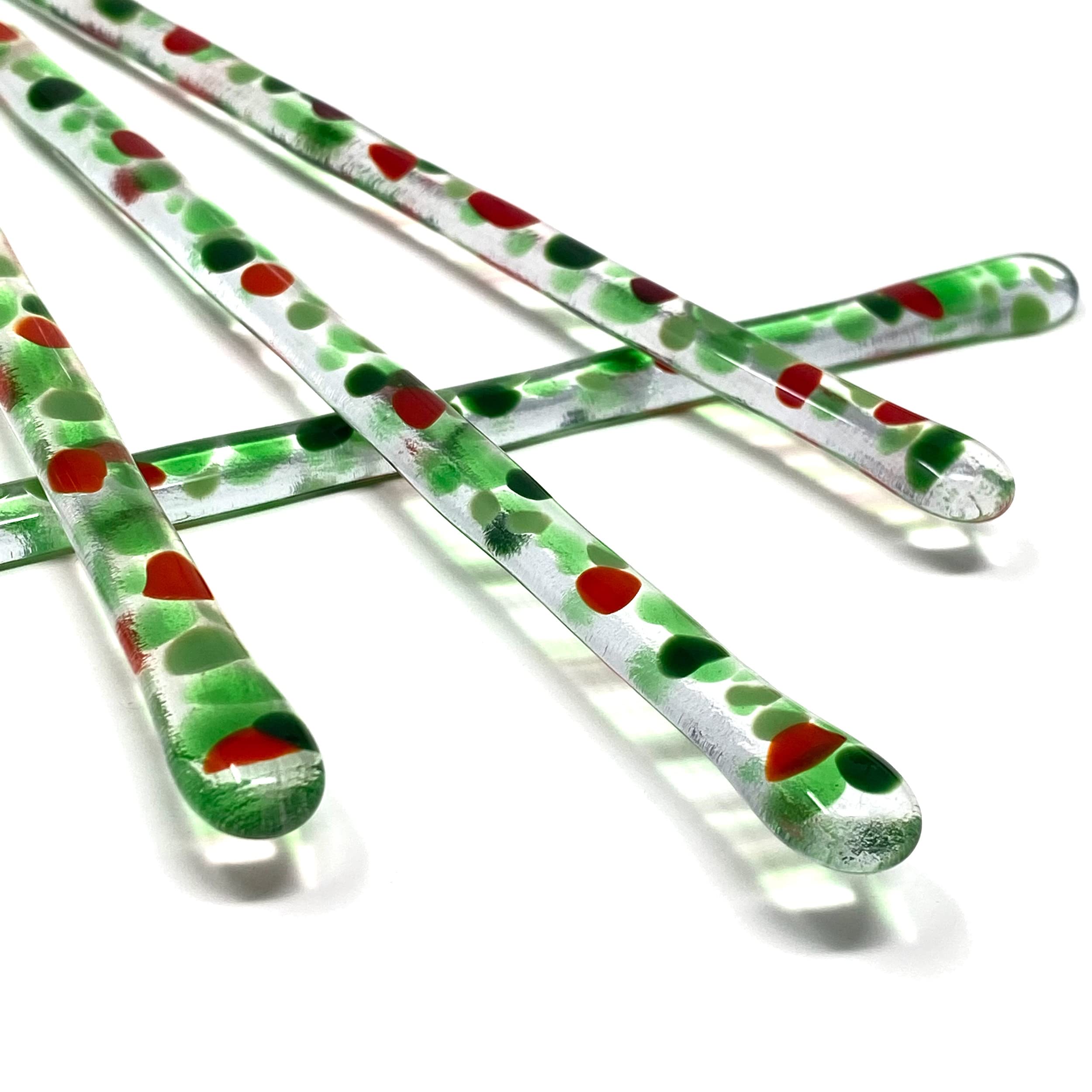 7.25 Inch Handmade Glass Stirrer Set of 4 - Christmas Holly Design - Perfect for Cocktails, Coffee & Hot Drinks - Elegant Gift Box Included - Ideal for Holiday Parties, Home Bars & Coffee Shops