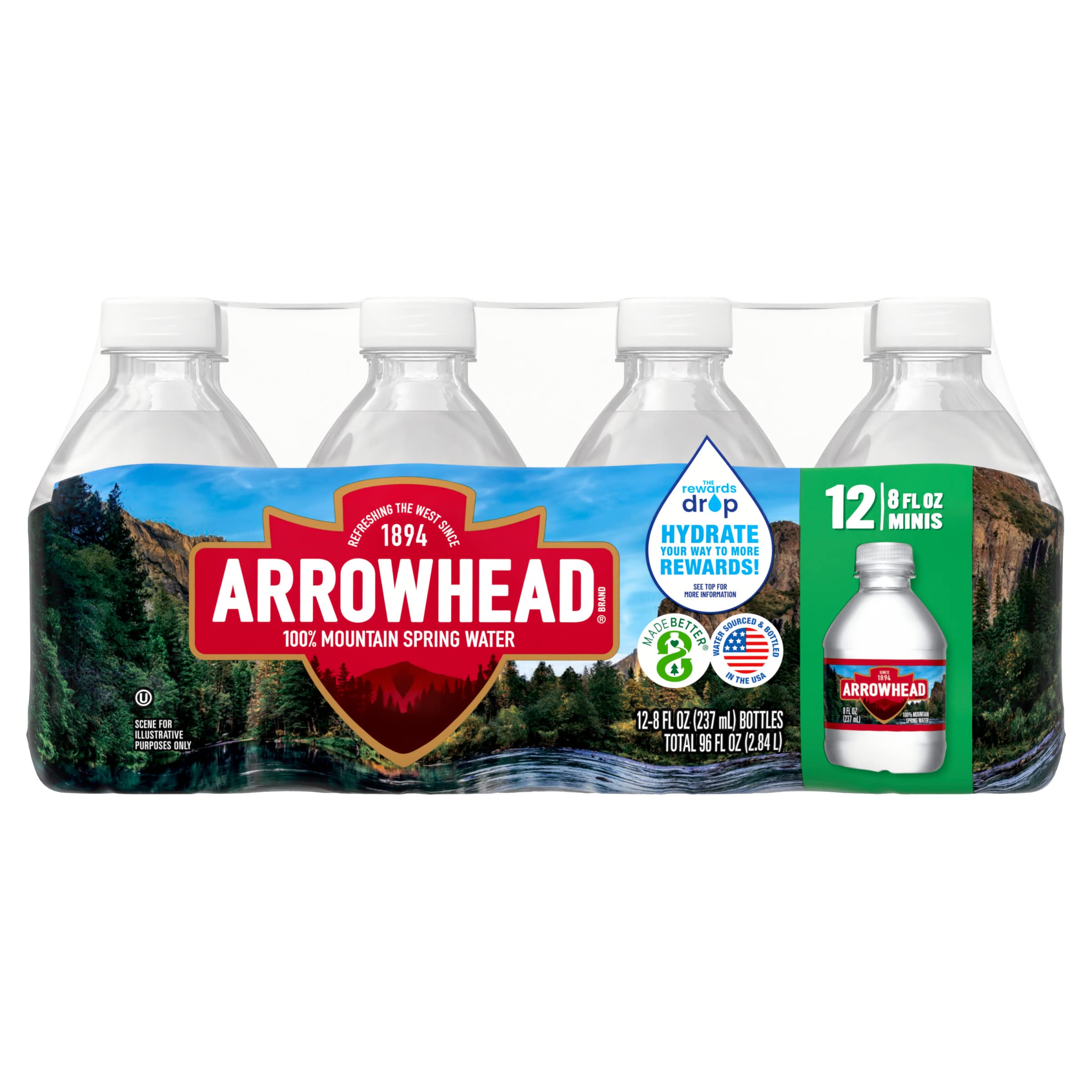 Arrowhead Mountain Spring Water 12-Pack (8 Fl Oz Bottles) - Natural Mineral & Electrolyte Bottled Water for Hydration, Office, Gym & Outdoor Activities