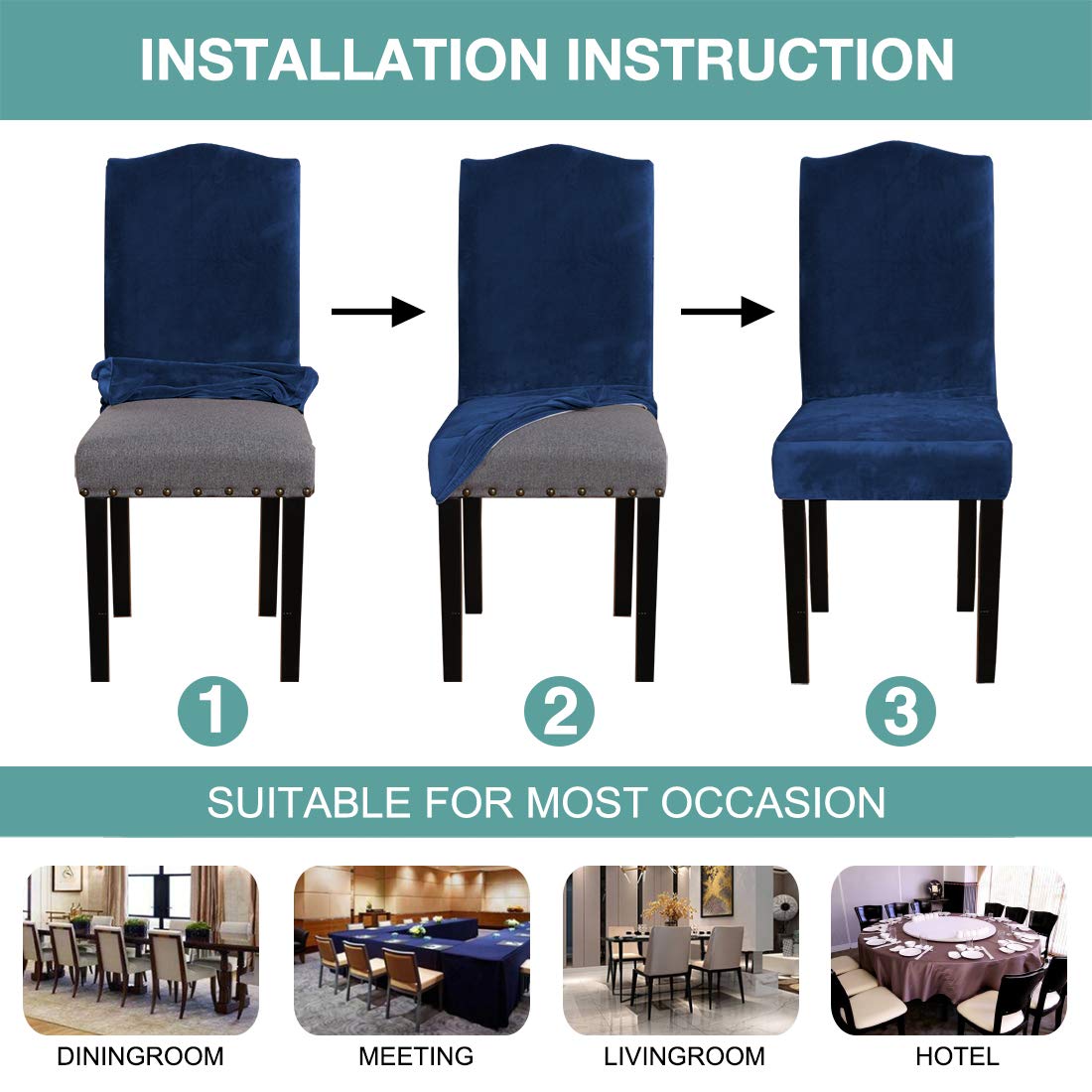 Luxury Navy Blue Velvet Dining Chair Covers Set of 6 - Stretchable Slipcovers for Kitchen Chairs, Removable Seat Covers for Home, Restaurant, Wedding & Events - Perfect for Dining Room Decor & Ceremony Seating