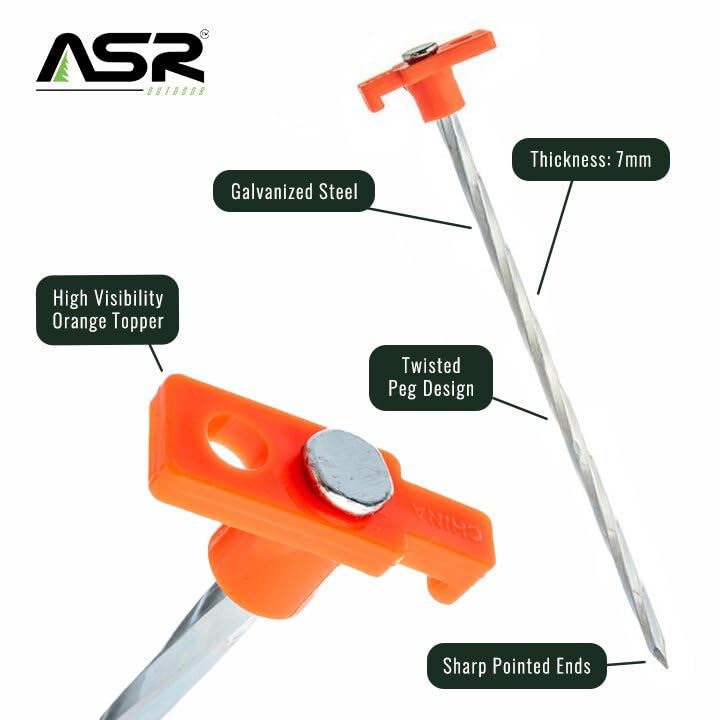 ASR Outdoor 6-Pack Universal Galvanized Steel Twisted PVC Tent Stakes for Camping, Canopy & Outdoor Gear - Heavy Duty Orange Ground Anchors (Perfect for Beach, Backpacking & Windy Conditions)