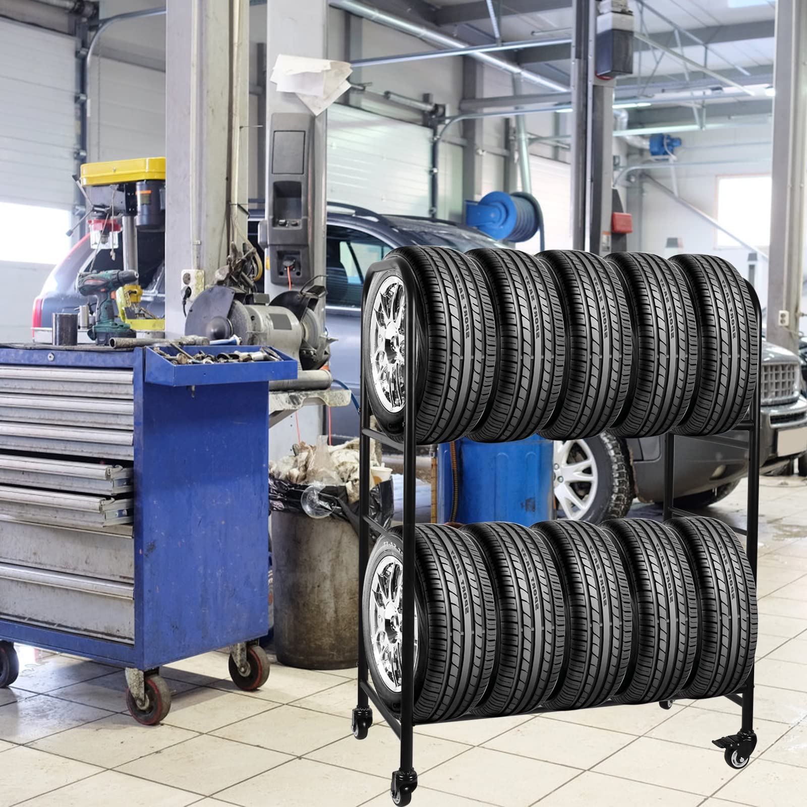 Heavy Duty Rolling Tire Rack - Adjustable 56x44x20 Inch Metal Tire Storage Stand with 4 Wheels | Mobile Tire Organizer for Garage, Warehouse & Auto Shop | Perfect for Car, Truck & SUV Tires