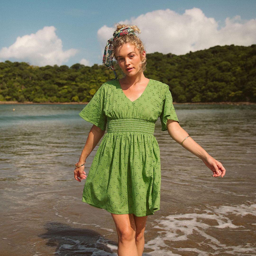 Stylish Green Eyelet Smocked Dress for Women - Perfect for Summer Outings, Beach Vacations & Casual Events