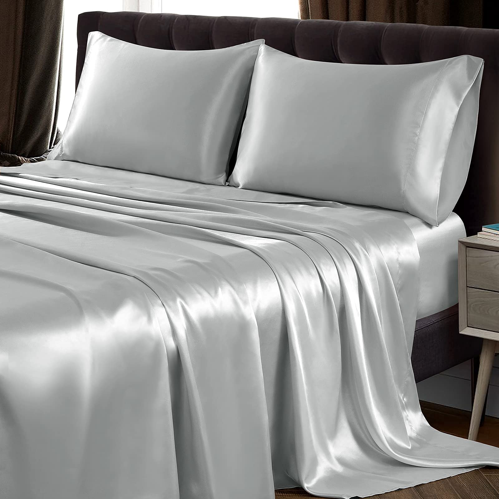 SiinvdaBZX 4-Piece King Size Satin Sheet Set - Ultra Soft & Silky Light Grey Bed Sheets with Deep Pockets (1 Fitted Sheet, 1 Flat Sheet, 2 Pillowcases) - Luxury Bedding for Master Bedroom, Guest Room & Hotel Use