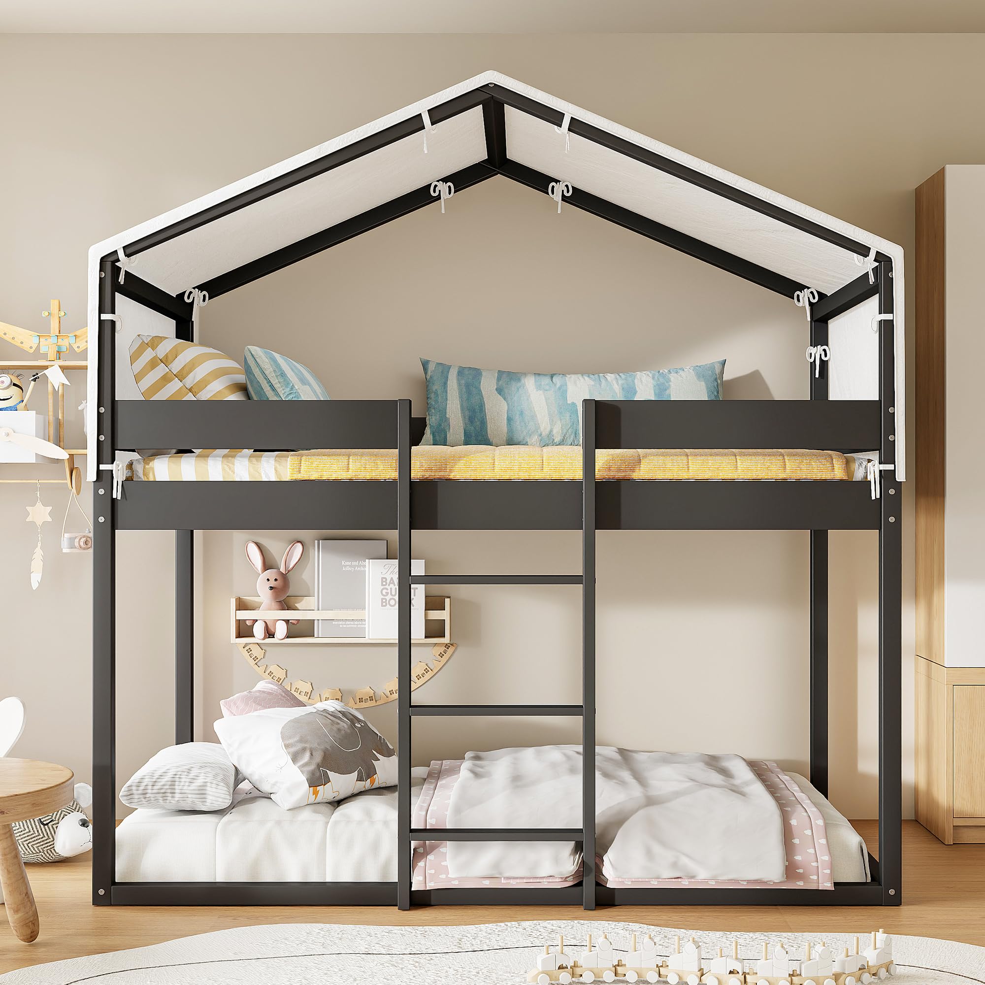 Twin Over Twin Wood Bunk Bed with Play Tent - Kids Bunk Bed with House Design for Boys & Girls - Sturdy Espresso Bed Frame for Bedroom - Perfect for Sleepovers, Playtime & Small Spaces