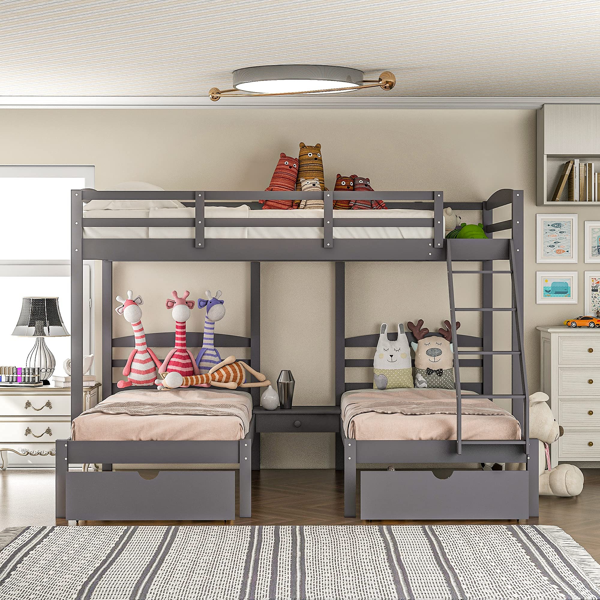 SOFTSEA Full Over Twin & Twin L-Shaped Triple Bunk Bed - 3 Beds in 1 Space-Saving Solution for Kids, Teens & Adults (Grey with Drawers) - Perfect for Small Bedrooms, Guest Rooms & Vacation Homes