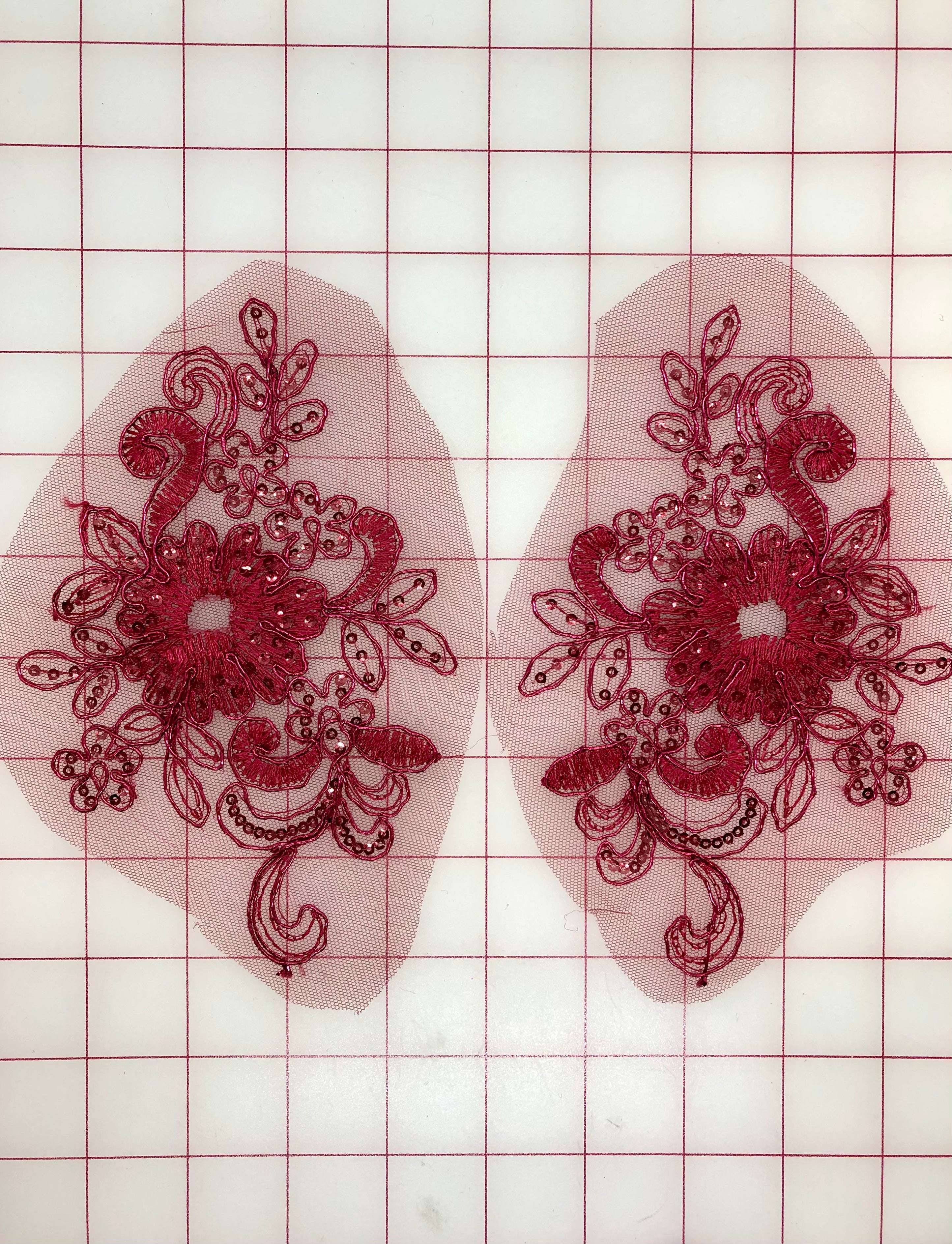 Beautiful Burgundy Sequined Lace Applique Motif Pairs - Perfect for Wedding Dresses, Evening Gowns & DIY Costume Embellishments