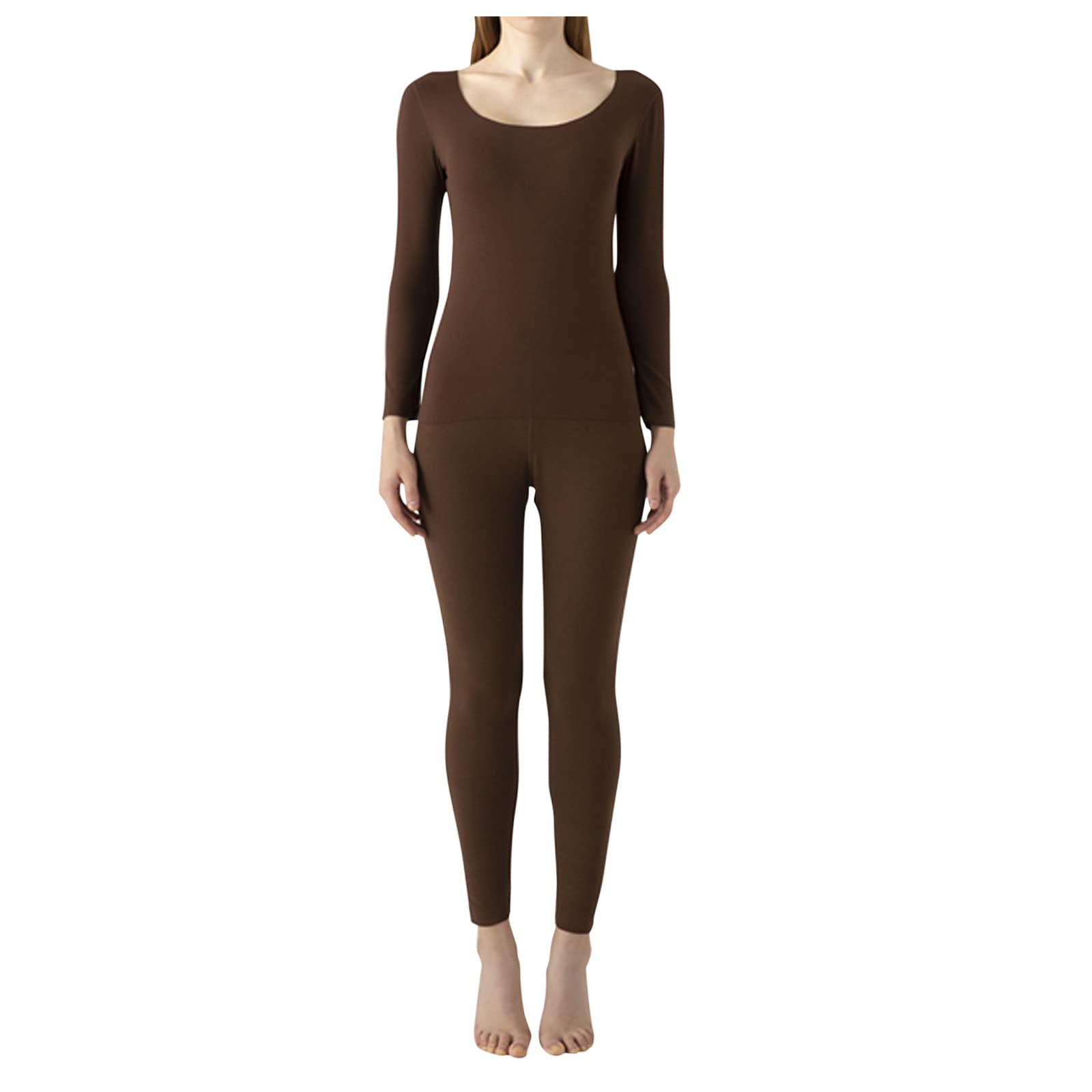Women's Thermal Underwear Set - Stretchy Solid Color Two-Piece Top & Pants for Warmth | Winter Base Layer for Women & Men (Coffee, Large) | Perfect for Cold Weather, Outdoor Activities & Layering