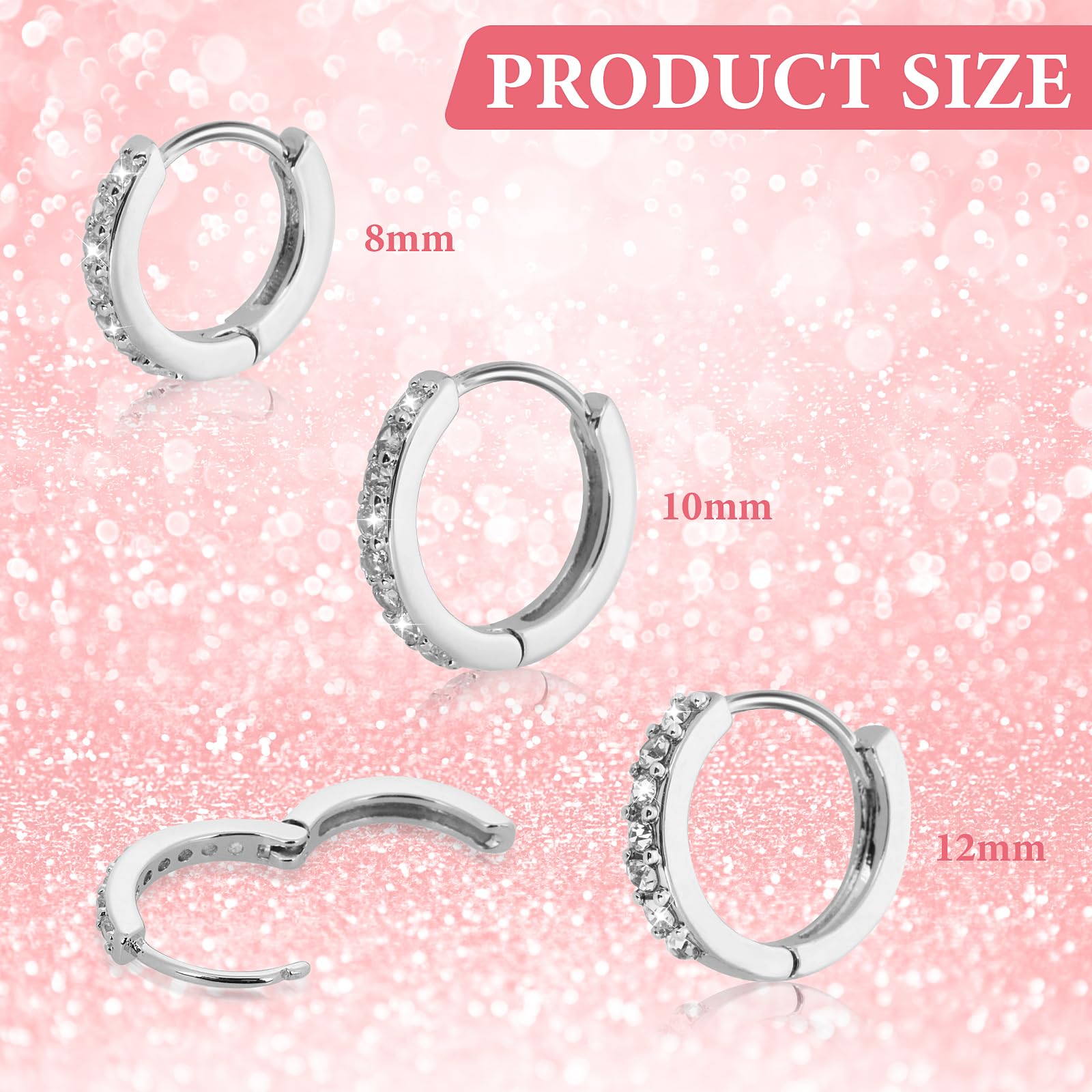 Lusofie 3 Pairs Small Silver Hoop Earrings with Rhinestones - 8mm 10mm 12mm Sterling Silver Hoops for Women, Girls & Men - Perfect for Everyday Wear, Parties & Gifts