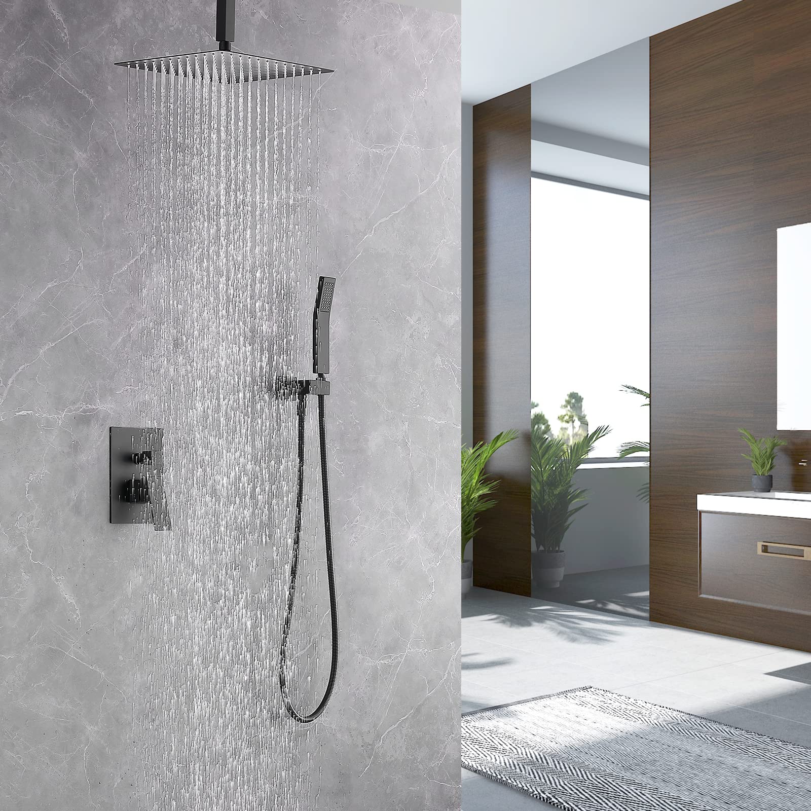 12 Inch High Pressure Matte Black Brass Rainfall Shower System with Handheld Spray - cUPC Certified Mixer Valve Set for Luxurious Bathroom Experience | Perfect for Master Bath, Spa Retreat & Modern Home Renovation